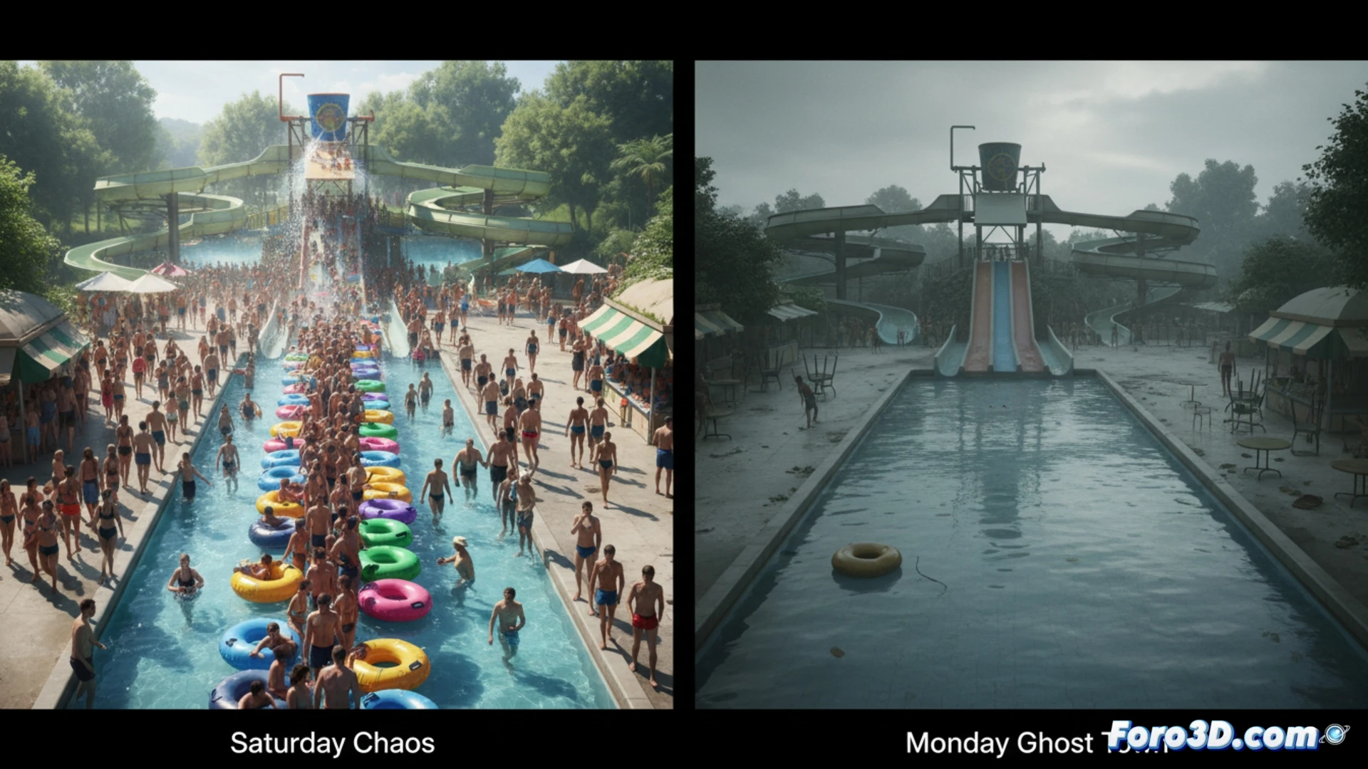 crowded water park entrance on a sunny Saturday, long queue for a giant yellow waterslide curving around a tall structure, people packed together holding towels and inflatable tubes, lifeguard station with radar screen showing crowd density heatmap, digital queue management monitor displaying wait times, chaotic movement and laughter, then immediate transition to empty park on Monday morning, still water reflecting blue sky, no visitors, abandoned flip-flops on wet tiles, cleaning robot polishing dry concrete, surveillance camera with lens flare monitoring stillness, photorealistic cinematic contrast between packed chaos and ghostly silence, dramatic lighting with harsh noon sun versus soft overcast, ultra-detailed textures of wet plastic and metal rails