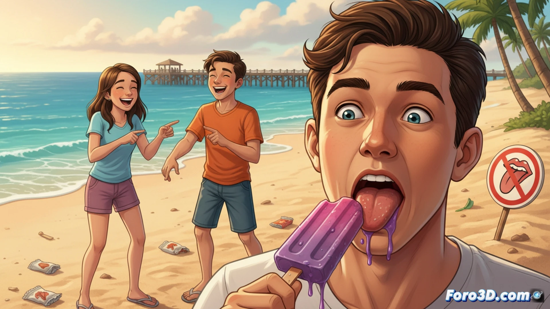 adolescent boy sticking tongue to frozen popsicle on a hot summer day, friends watching with amused expressions, popsicle melting slightly while tongue frozen in place, thermal imaging overlay showing temperature transfer from tongue to ice, close-up of ice crystals forming on tongue surface, photorealistic technical illustration, cinematic lighting with warm sunlight hitting the scene, frost detail on popsicle stick, moisture droplets on skin, high-speed freeze-frame action capturing the exact moment of adhesion, engineering visualization of heat exchange process, ultra-detailed texture of frozen liquid and human tissue