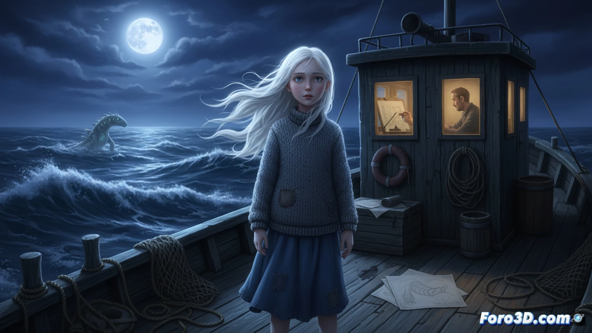 cinematic animation studio scene, storyboard artist sketching Lucy with white hair on a light table, pencil lines transforming into glowing animated frames, dual timeline panels showing war-torn Sorlingas island and quiet lighthouse interior, French producer Marc du Pontavice reviewing character model sheets on a monitor, Oscar nomination certificate framed on wall, digital drawing tablet with stylus in action, warm studio lighting, photorealistic technical illustration, creative process in motion