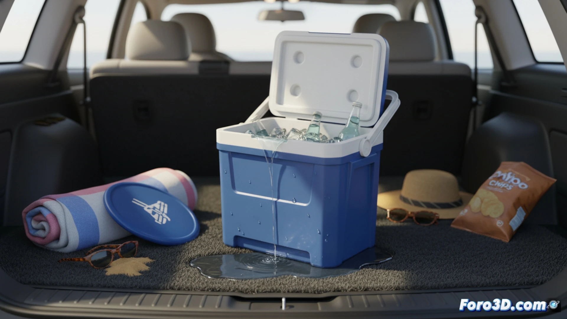 close-up technical illustration of a portable cooler sitting on a car trunk mat, condensation water droplets forming on the cooler exterior and dripping into a growing puddle on the mat, while a visible gap in the cooler lid seal is highlighted with a glowing line to show the process of warm air entering and cold air escaping, car trunk interior with metallic trim and fabric floor, realistic engineering visualization, cool blue and grey tones, sharp focus on water droplets and seal gap, dramatic side lighting to emphasize moisture reflection, ultra-detailed plastic texture and fabric fibers, cinematic photorealistic render
