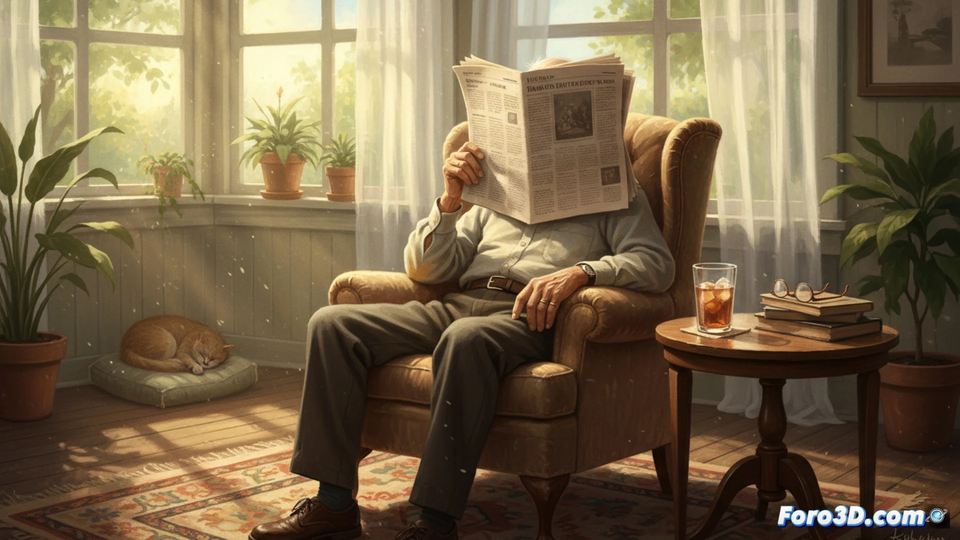 photorealistic domestic scene of elderly man napping on sofa during spanish summer siesta, newspaper perfectly balanced on his face while he sleeps, open newspaper creating tent-like structure over his head, sunlight filtering through paper creating warm orange glow, slight breeze from open window causing page to flutter, technical illustration showing physics of paper tension and air pressure keeping newspaper in place, cross-section view of sofa cushion angle and head position, soft afternoon light, warm color palette, ultra-detailed fabric textures, cinematic composition, engineering visualization style