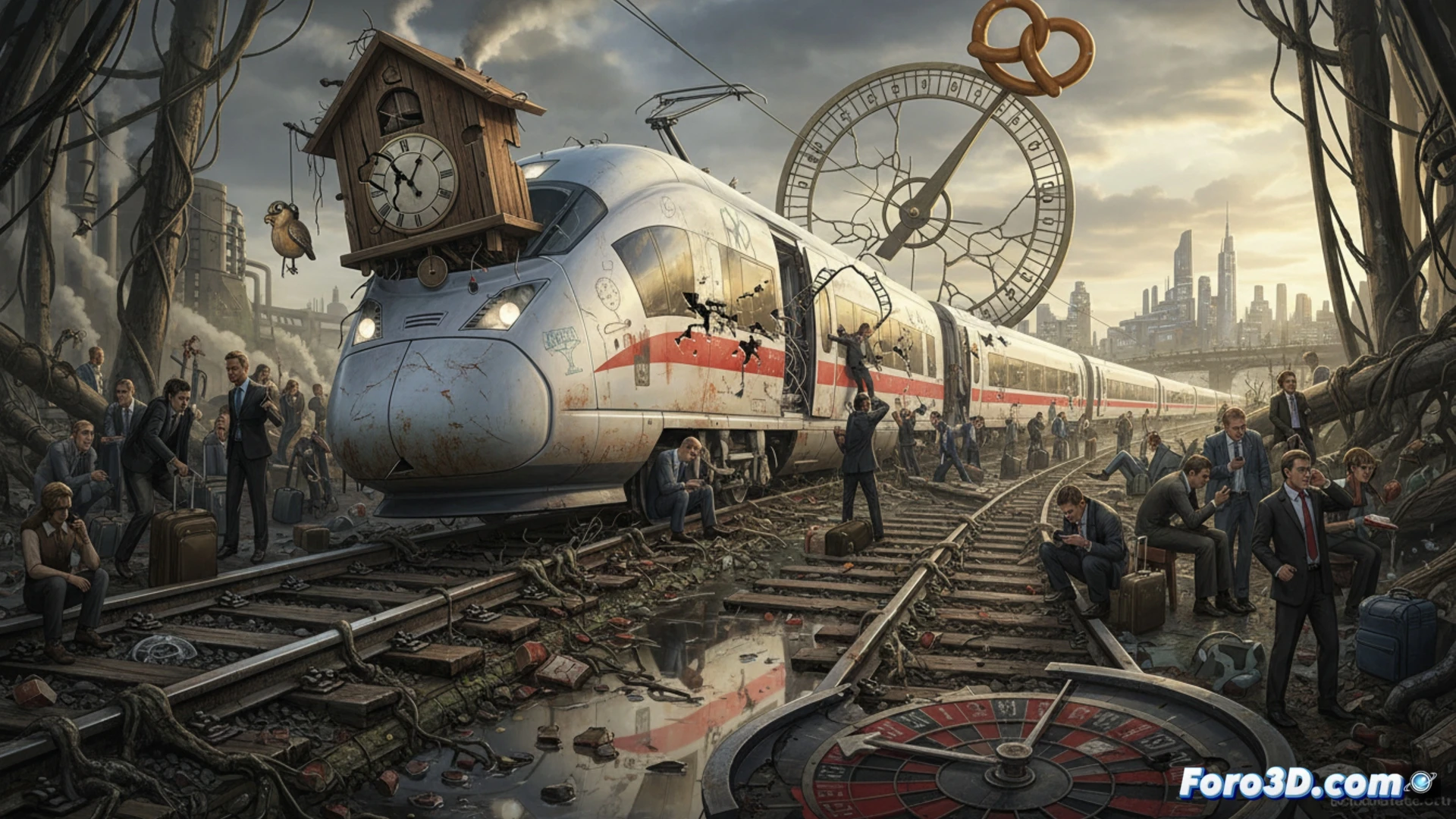 Aerial view of a German railway switch system during a maintenance failure, rusty tracks with cracked concrete ties, a worker in orange vest inspecting a broken signal box with exposed wires and a tablet showing error codes, a delayed regional train stopped at a faded platform, passengers checking phones with worried expressions, cinematic photorealistic engineering visualization, overcast industrial lighting, grimy metallic textures, worn mechanical components, deep shadows emphasizing decay, ultra-detailed infrastructure deterioration