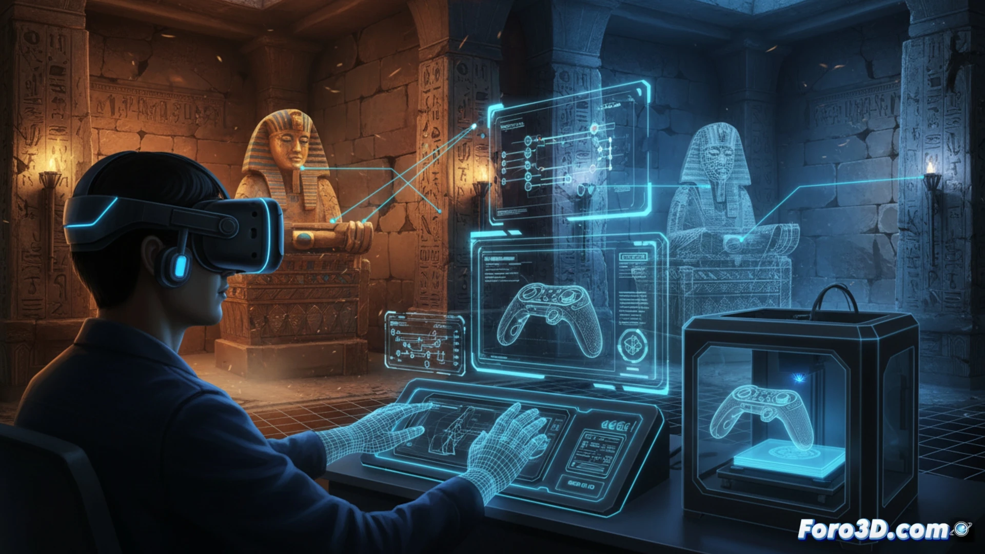 Un diseñador con gafas VR modela en 3D una sala de escape; al lado, una impresora 3D crea un prototipo físico de un mando.