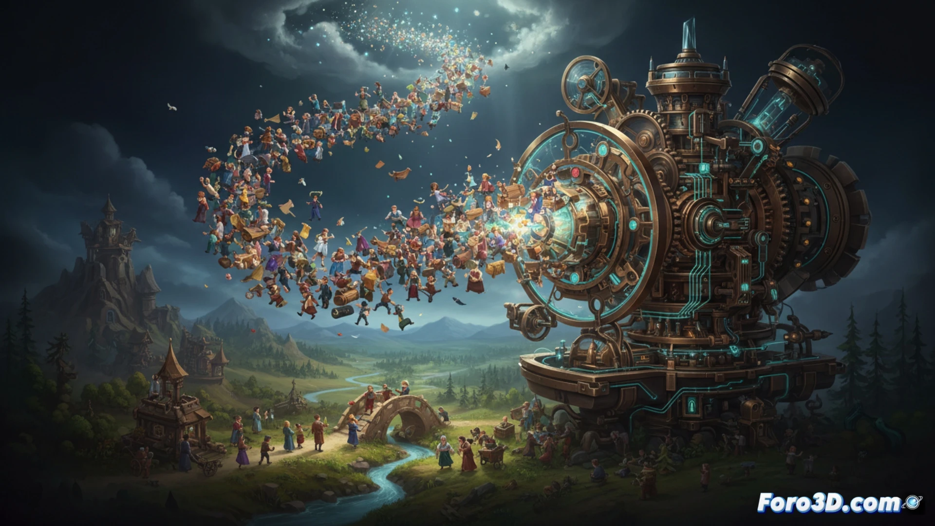 Captura de Pioneers of Pagonia mostrando cientos de aldeanos con animaciones únicas en un bullicioso bosque