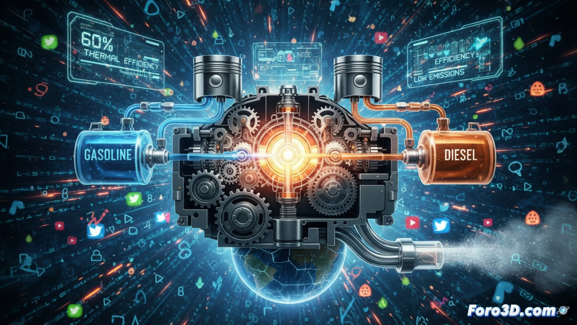 Imagen de un motor híbrido con pistones y bujías, rodeado de iconos de gasolina y diésel fusionados en un círculo verde, con texto viral de 2010 y un reloj digital marcando el año.