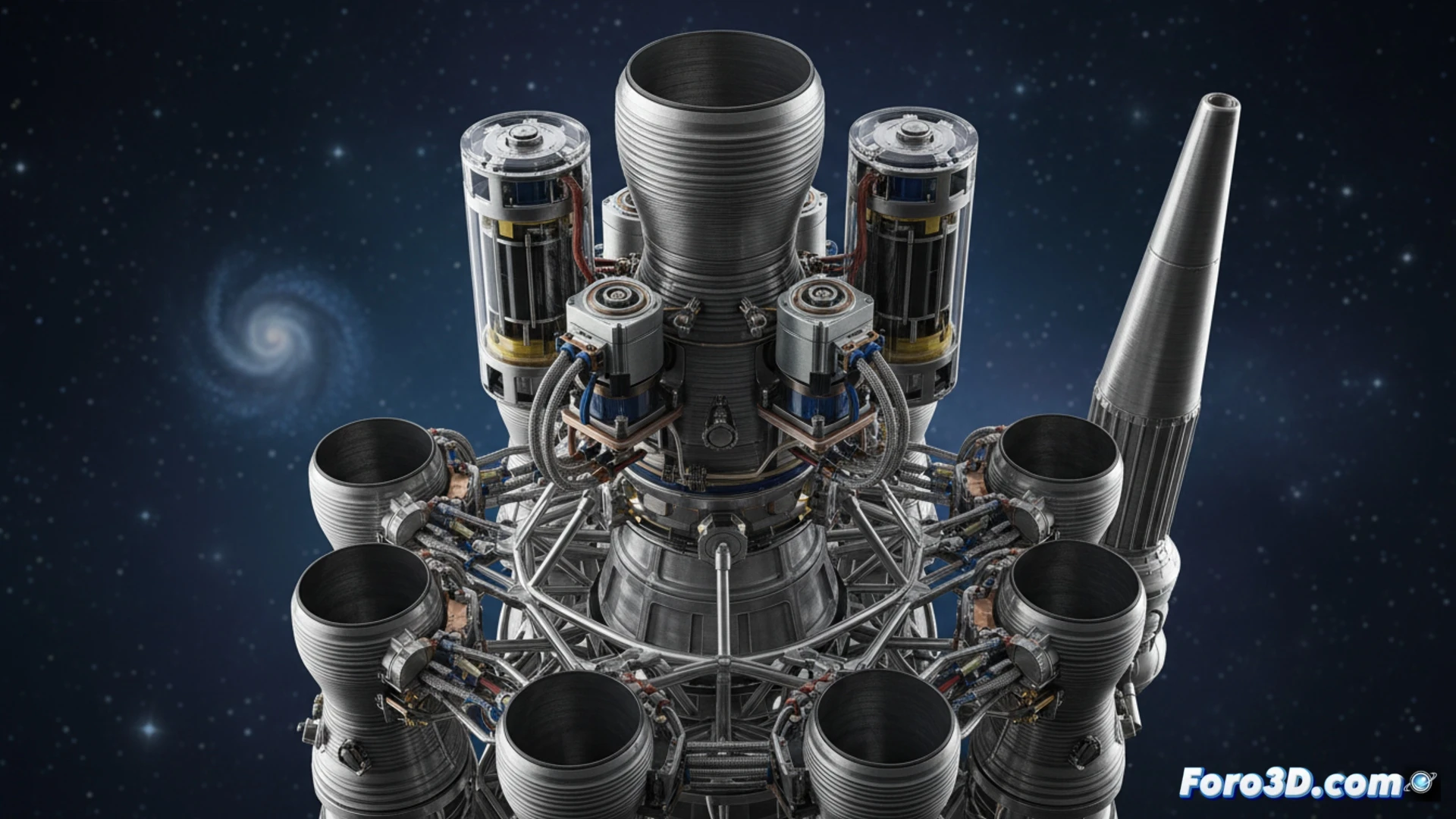 Rocket Lab Rutherford engine cutaway view, nine electric motors mounted on first stage of Electron rocket, lithium-polymer battery packs feeding power to motor-driven turbopumps, metallic 3D-printed combustion chamber glowing with blue-white plasma, carbon composite propellant tanks visible, engineers adjusting wiring harnesses in cleanroom environment, technical illustration style, cold blue industrial lighting, polished aluminum surfaces reflecting workshop lights, detailed fuel lines and electrical conduits routing through engine bay, photorealistic engineering visualization, dramatic shadows emphasizing mechanical complexity