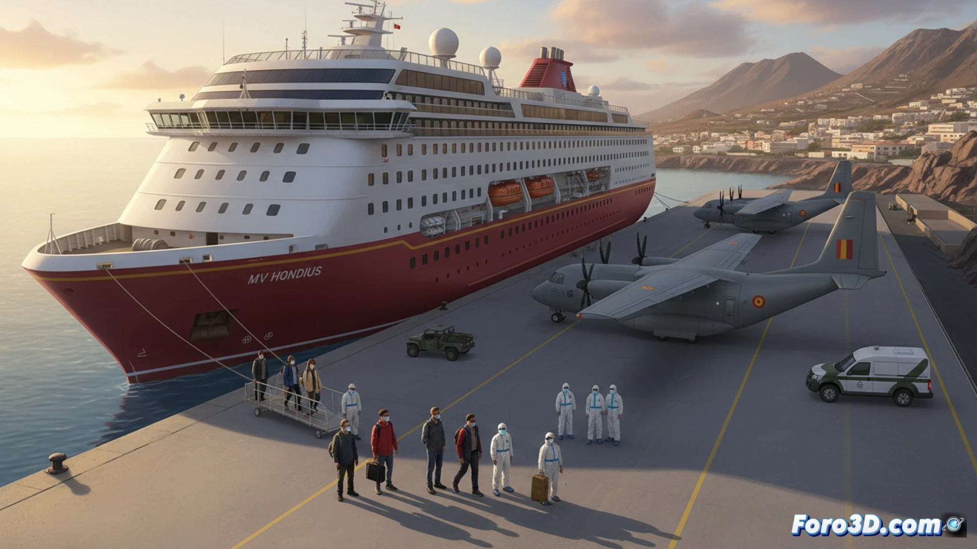 El MV Hondius atraca en Tenerife, con 14 españoles asintomáticos siendo evacuados en avión militar al hospital.