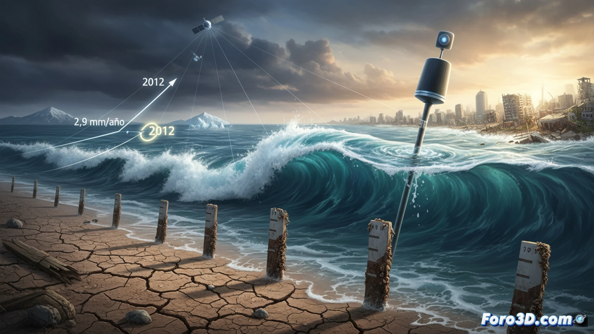Una gráfica satelital muestra la abrupta aceleración del nivel del mar global desde 2012, pasando de 2,9 a 4,1 mm por año, con un aumento total de 0,2 metros en 15 años.