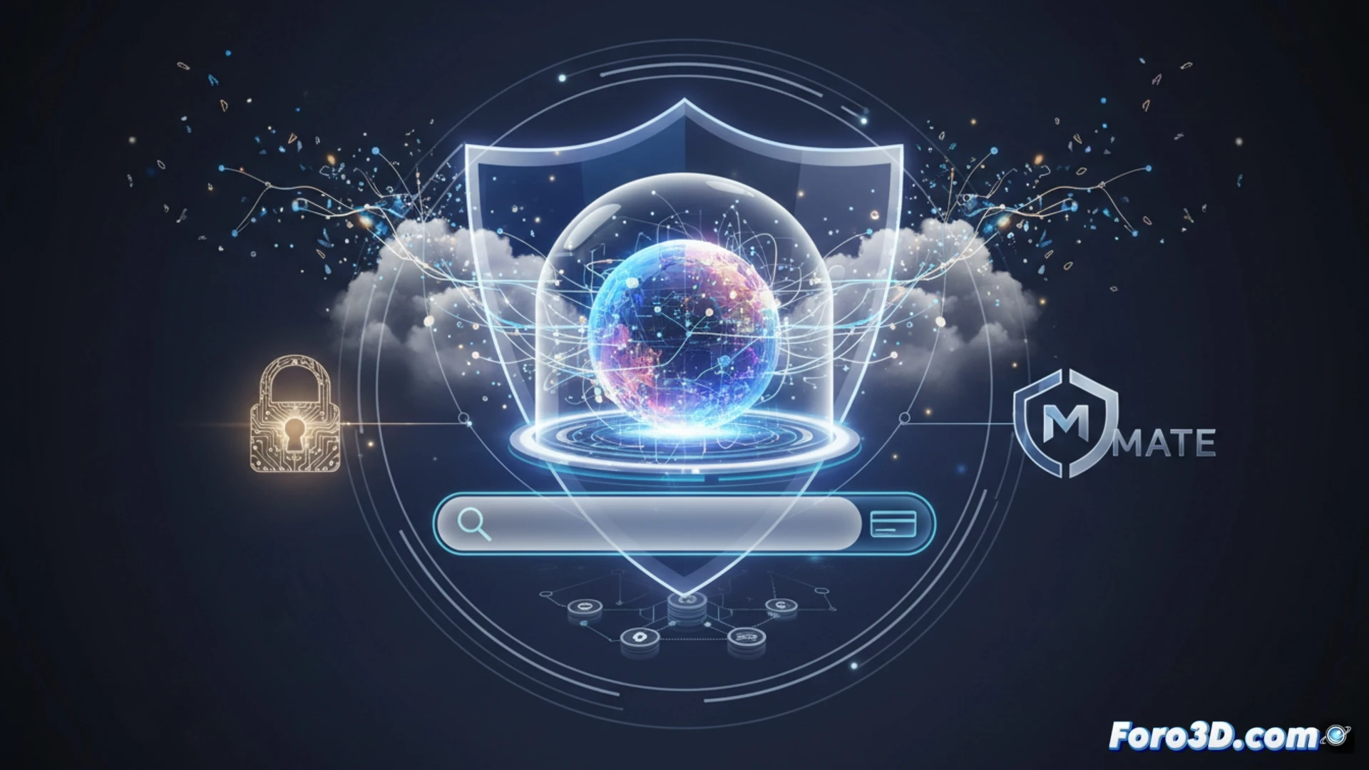 cinematic photorealistic technical illustration of a glowing search interface on a transparent laptop screen, a padlock icon locking over the search bar while data streams are blocked by a firewall shield, user typing without tracking traces, background shows a dim server room with cables disconnected from surveillance hardware, soft blue light emitting from the encrypted connection, no visible text, no numbers, clean metallic hardware, dramatic side lighting, ultra-detailed circuit board patterns visible through glass, motion blur on the padlock closing action, demonstrating privacy-first search process