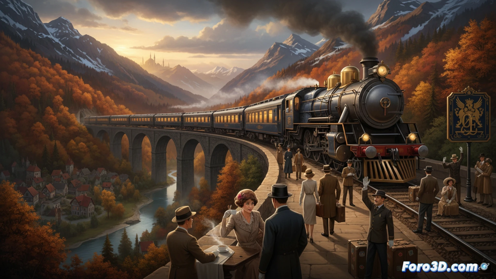 Luxury vintage train crossing a viaduct in the Carpathian mountains at sunset, polished brass handrails and Art Deco interior visible through large windows, steam rising from locomotive wheels during braking action on curved tracks, cinematic photorealistic style, golden hour light casting long shadows across forested hills, detailed rivets on dark blue locomotive body, mechanical couplings between carriages shown in motion, ultra-realistic metallic reflections, dramatic atmospheric haze in distant valleys, engineering visualization with precise rail geometry and suspension components highlighted