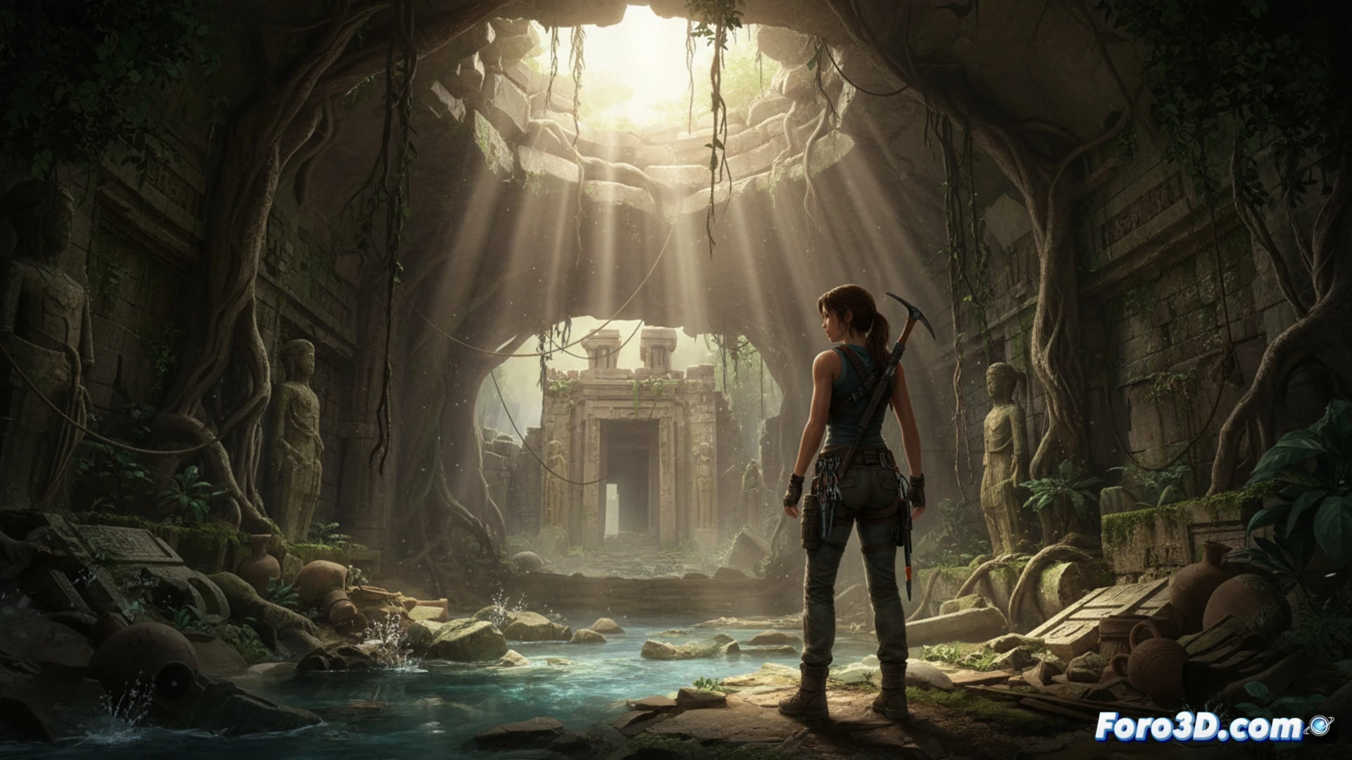 Lara Croft en templo antiguo con iluminación realista de Unreal Engine 5