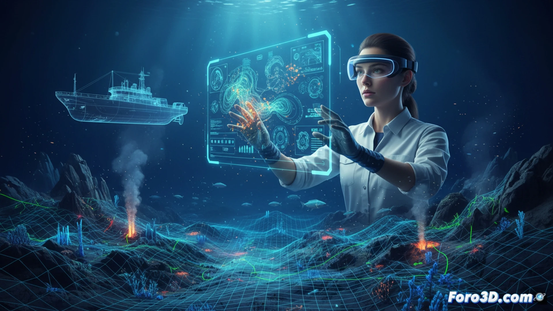 Descripción detallada de imagen (80-120 caracteres):  
Modelo 3D de un cañón submarino iluminado, con curvas batimétricas y datos oceánicos flotando sobre un fondo azul profundo.