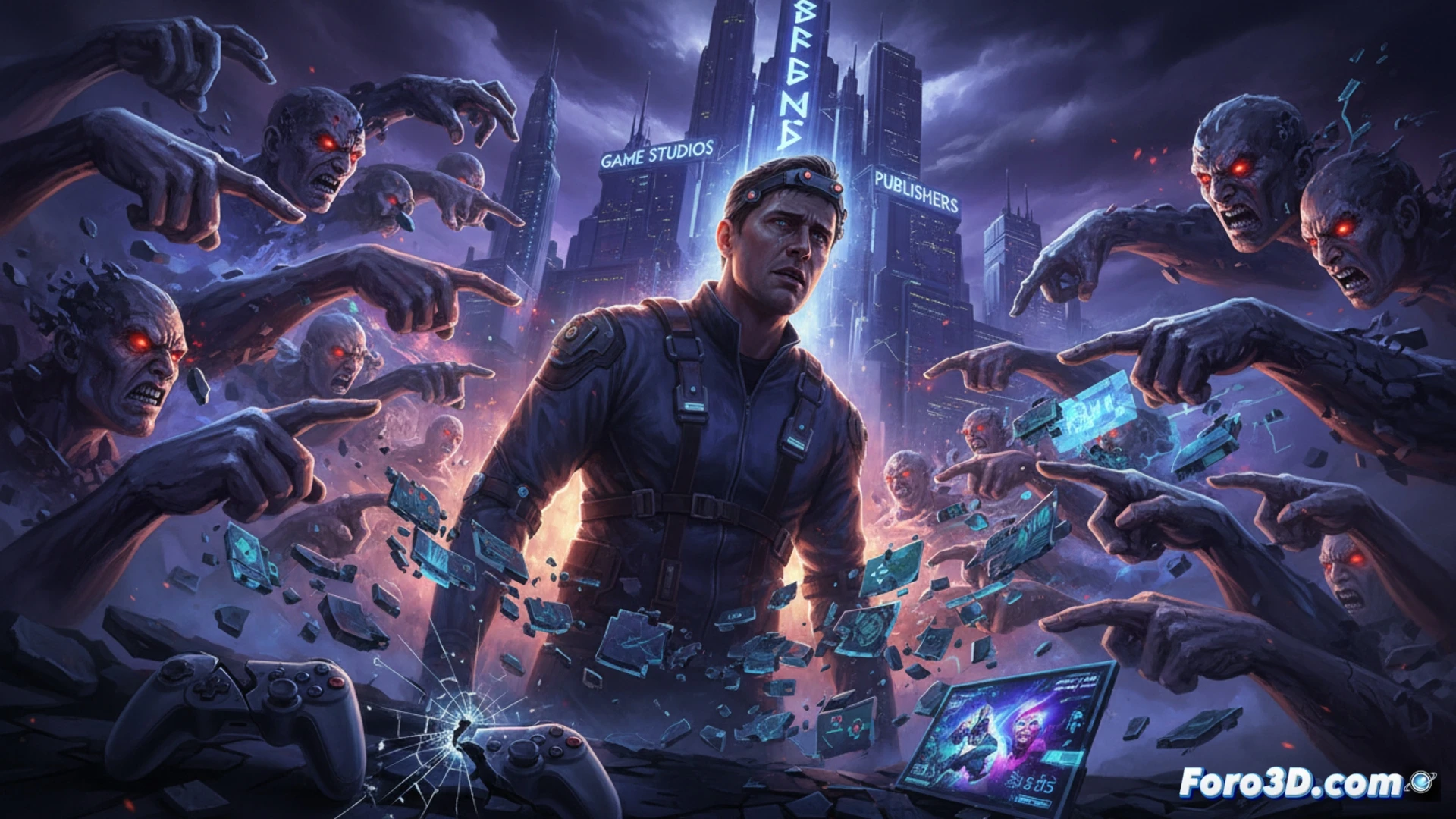 cinematic scene of a frustrated gamer pointing angrily at a computer screen displaying a video game character, while behind the screen a shadowy studio executive sits in a glass office holding blueprints and development charts, the gamer s rage directed at a pixelated actor avatar instead of the distant decision-maker, glowing red arrows showing misplaced anger trajectory, dark room with neon blue and red lighting, photorealistic technical render, hyper-detailed facial expressions, motion blur on the pointing hand, software UI elements floating in mid-air, dramatic high-contrast lighting, realistic textures of plastic keyboard and mouse, cinematic composition