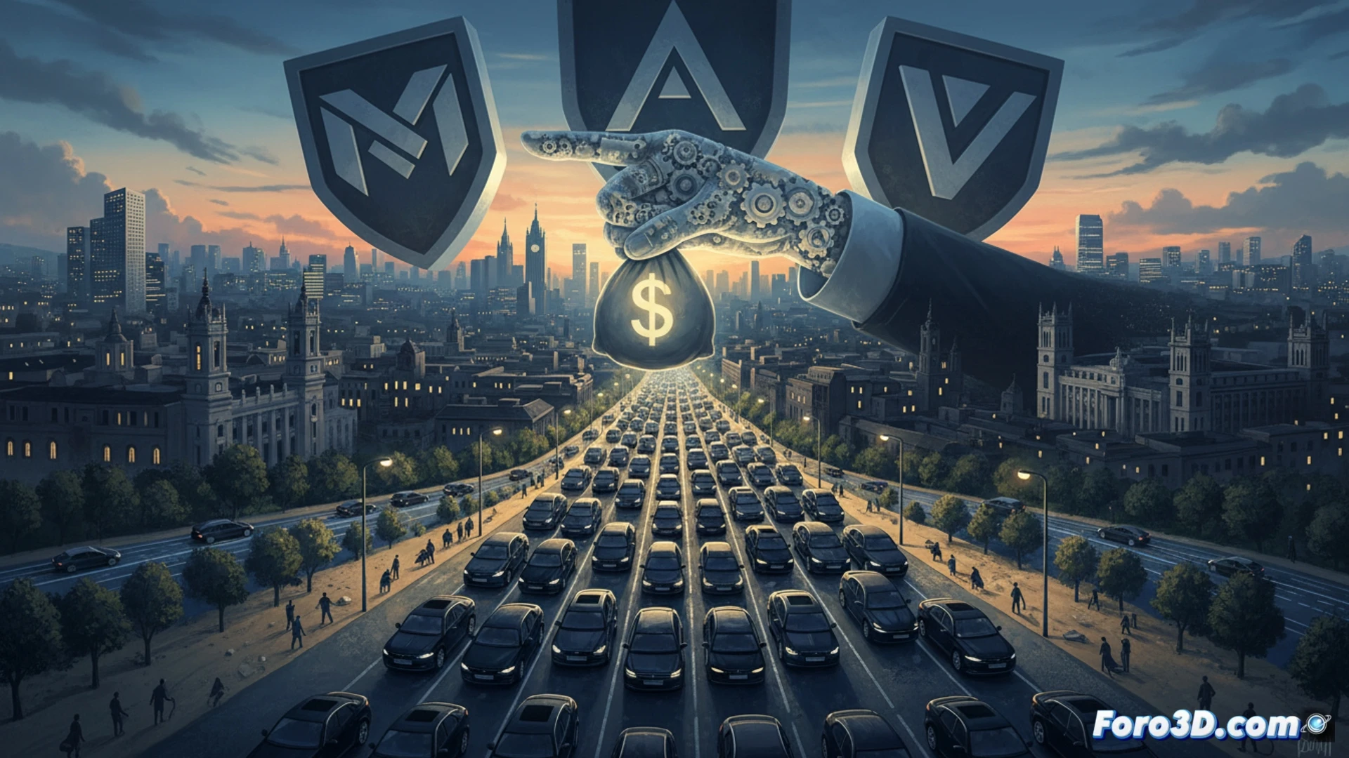 Madrid urban street scene at night, three large black VTC vehicles (Mercedes V-Class) parked in a row occupying an entire block, glowing corporate logos on doors partially obscured by shadows, a small white taxi driver looking at a smartphone showing surge pricing graph while standing next to his empty cab, background showing skyscrapers with financial district lights, foreground showing a broken license plate with 180,000 euro price tag fragment on asphalt, cinematic photorealistic style, dramatic contrast between luxury vehicles and isolated taxi, cold blue street lighting, ultra-detailed car reflections on wet pavement, wide-angle lens emphasizing power imbalance, hyperrealistic technical visualization