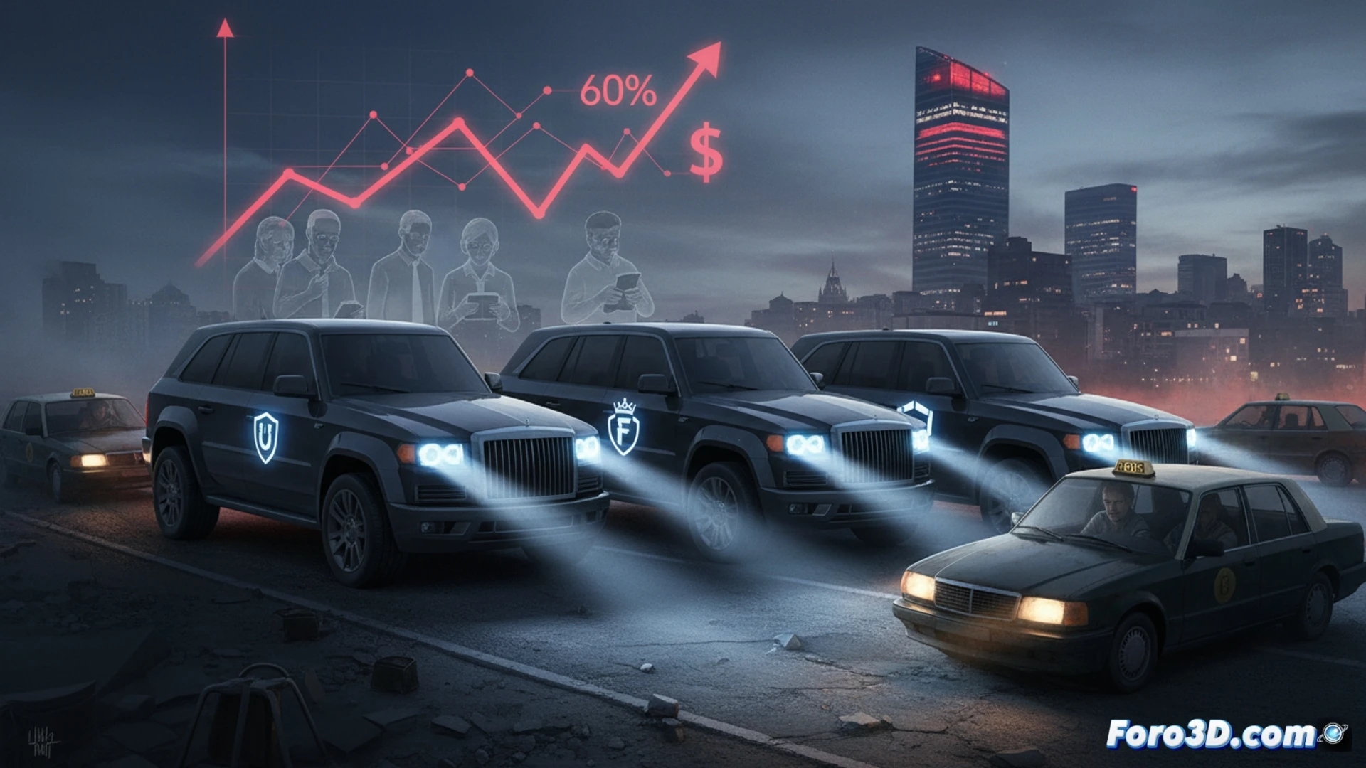 aerial view of Madrid city traffic jam, three identical luxury black VTC vehicles blocking an intersection while smaller independent cars are forced to the curb, dashboard screens showing identical surge pricing algorithms, GPS tracking lines converging on a central corporate server hub, glowing red price-fixing data streams between the three vehicles, frustrated passenger gesturing through a rear window, cinematic photorealistic architectural visualization, dramatic shadows from tall buildings, ultra-detailed urban asphalt texture, cold blue city lighting contrasting with warm headlight beams, technical engineering render style