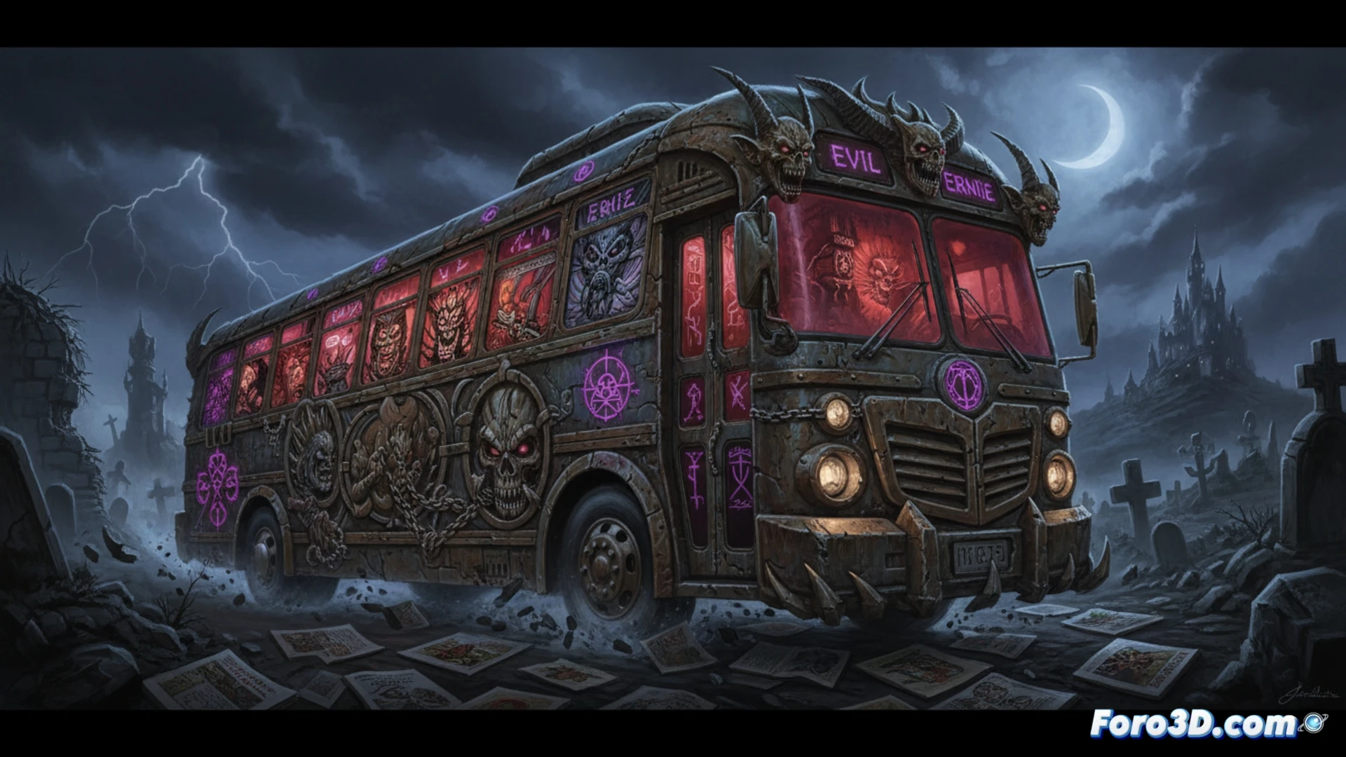 Evil Ernie ríe sobre un ómnibus caótico; portadas punk diabólicas y calaveras mortales vuelan entre llamas rojas.