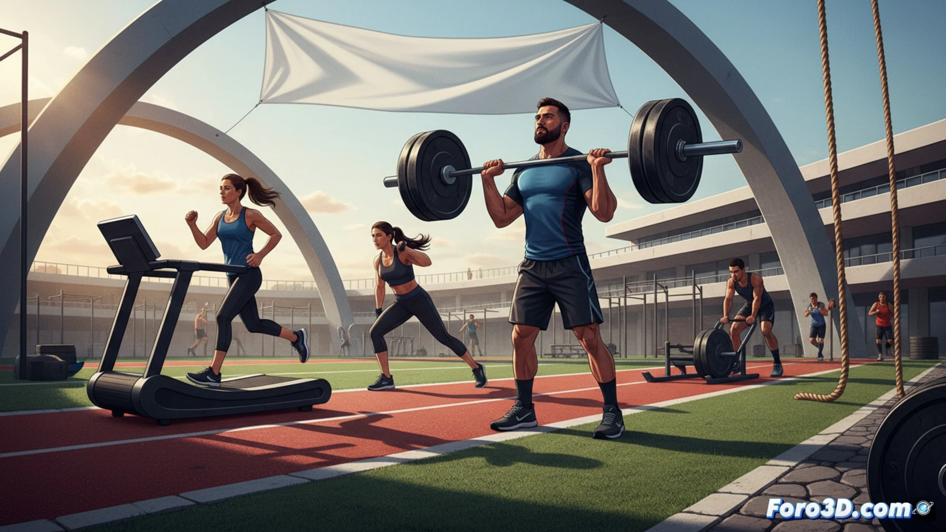 athlete mid-session in hybrid training zone, performing a kettlebell swing transition into a sprint on a curved treadmill, barbell and battle ropes nearby, digital performance monitor displaying real-time biometric data and power output, gym floor with marked circuit stations, sweat droplets frozen in motion, dynamic lighting highlighting muscle definition and equipment texture, cinematic photorealistic technical illustration, motion blur on limbs and ropes, dramatic shadows, ultra-detailed fitness gear and reflective surfaces