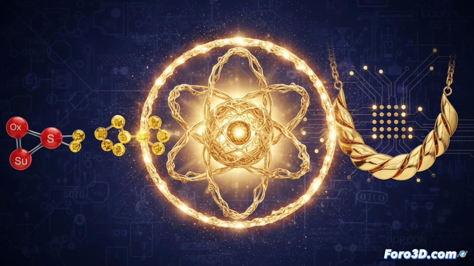 A close-up view of a gold ring being polished with a microfiber cloth, the surface reflecting a laboratory light source with zero tarnish, while an adjacent atomic model shows stable electron orbitals resisting oxygen and sulfur molecules, a magnified cross-section revealing flawless crystalline structure, photorealistic technical illustration, bright metallic highlights, sharp focus on atomic interactions, clean background, engineering visualization style, demonstrating chemical inertness through glowing particle repulsion
