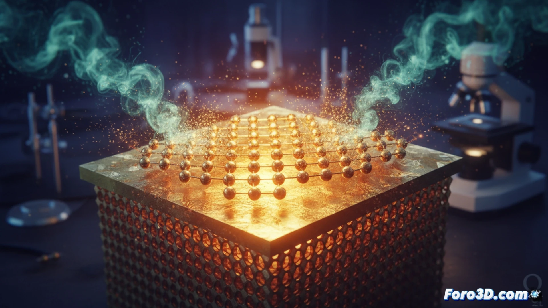 Gold surface atomic reconstruction at nanoscale, freshly exposed gold layer instantly rearranging into hexagonal atomic pattern preventing oxidation, scanning tunneling microscope tip hovering above surface, atoms shown as glowing spheres forming geometric honeycomb structure, corrosion particles bouncing off the protective atomic shield, ultra-detailed metallic gold reflection, scientific visualization style, dramatic dark background with golden highlights, atomic bonds visible as shimmering energy lines, photorealistic technical illustration, high-angle view demonstrating the self-protection process, crisp engineering render with depth of field