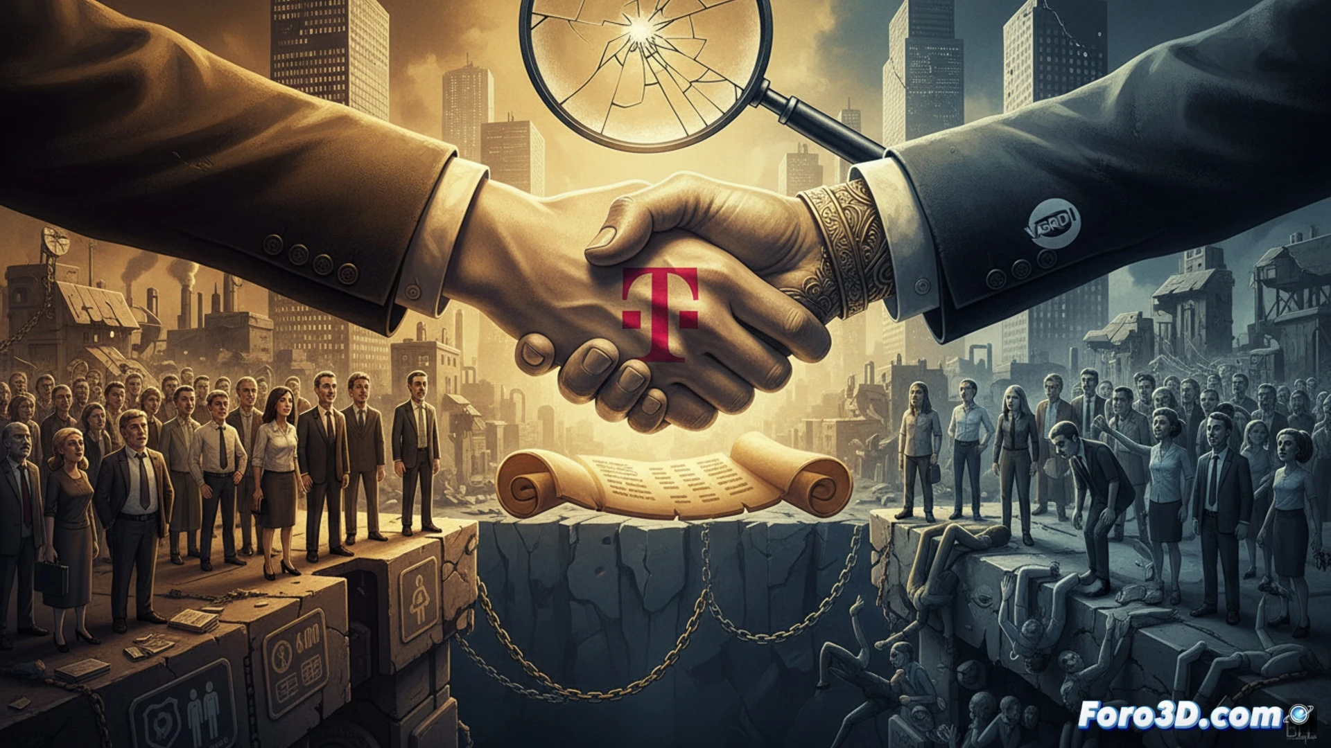 two hands pulling opposite ends of a thick rope, left hand in crisp blue corporate cuff with polished metal watch, right hand in frayed grey fabric with visible dirt under fingernails, rope fraying at centre point, background split between modern glass office tower on left and crumbling industrial warehouse on right, cinematic lighting casting long shadows, photorealistic technical illustration, high contrast chiaroscuro, macro detail on rope fibres and hand textures, dramatic tension in posture, no visible text or numbers