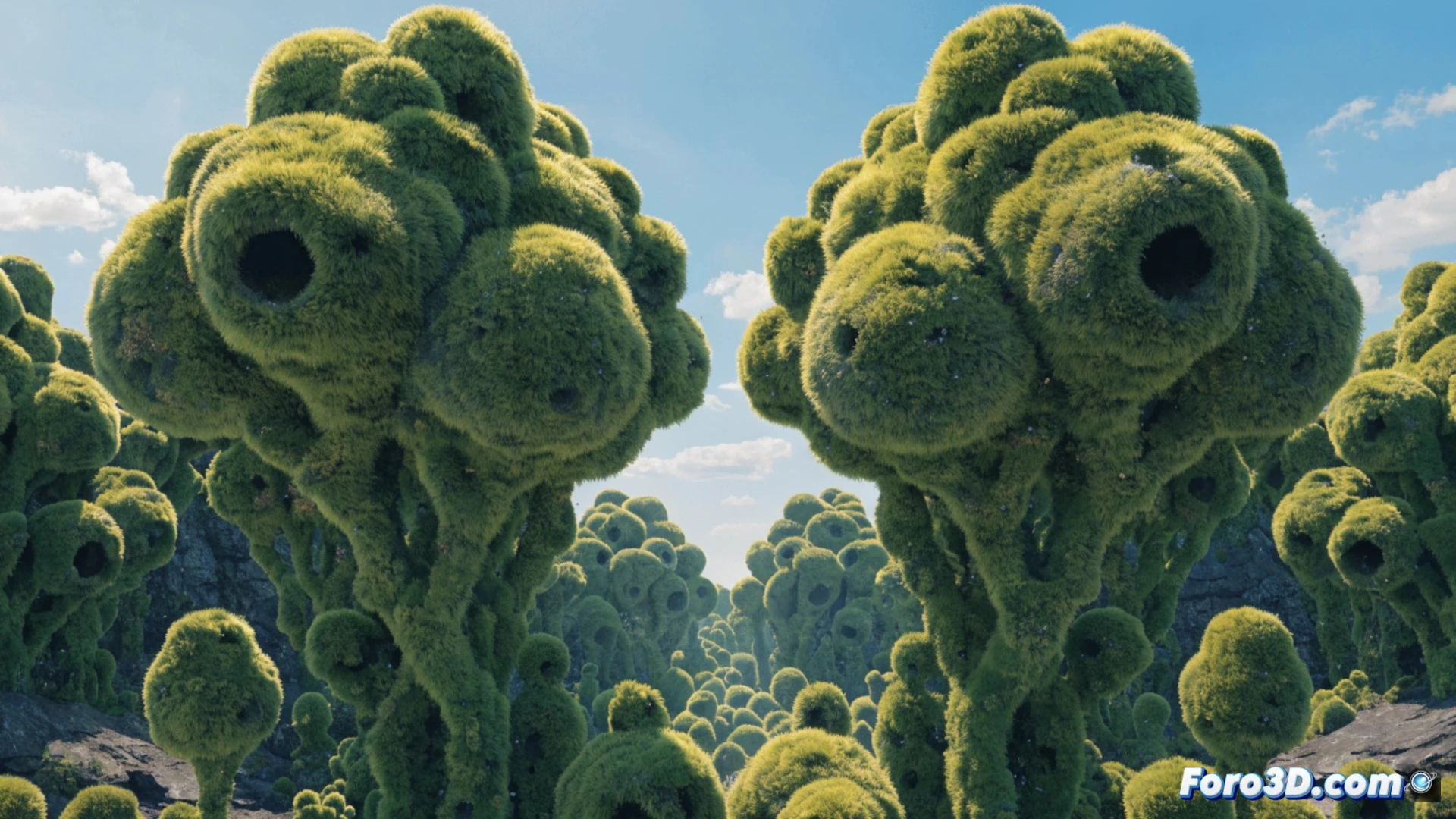 Un paisajista 3D con tableta gráfica diseña un jardín virtual; al fondo, árboles crecen junto a una piscina, sin tierra ni plantas reales.