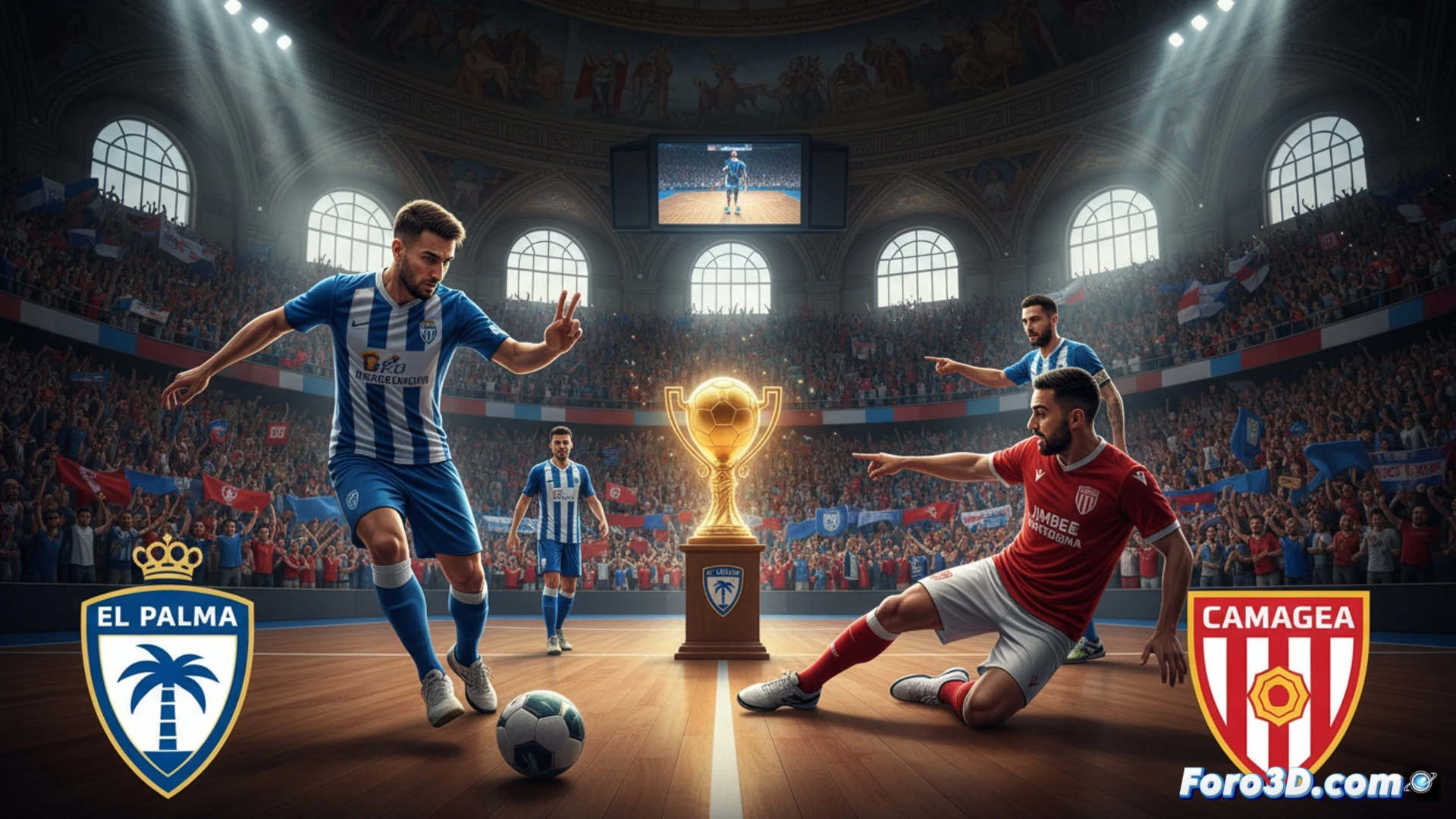 Dos equipos, uno celeste y otro blanquinegro, frente al trofeo de la Champions League en Pesaro.