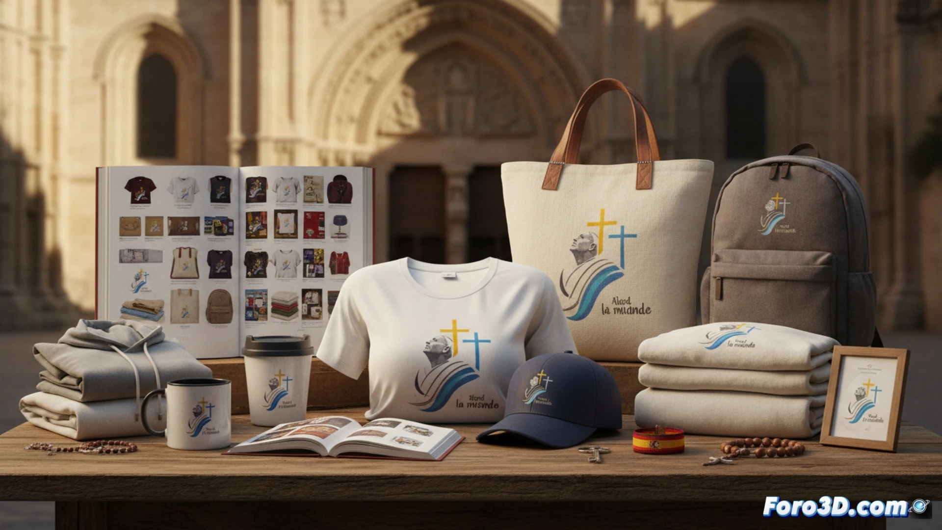 Colección oficial de artículos religiosos en proceso de exhibición digital, camisetas blancas con estampado del lema dobladas junto a gorras negras y tazas de cerámica sobre una mesa de madera, abanicos rojos abiertos mostrando el diseño oficial, pulseras luminosas LED apiladas en un expositor de acrílico, banderas colgadas en un soporte metálico, pantalla de ordenador portátil abierta mostrando la web conelpapa.es con carrito de compras activo, tarjeta de crédito siendo deslizada en un terminal TPV portátil, luz natural de estudio suave, fotografía de producto hiperrealista, texturas táctiles de tela y plástico, sombras suaves, composición ordenada simétrica, estilo catálogo comercial premium