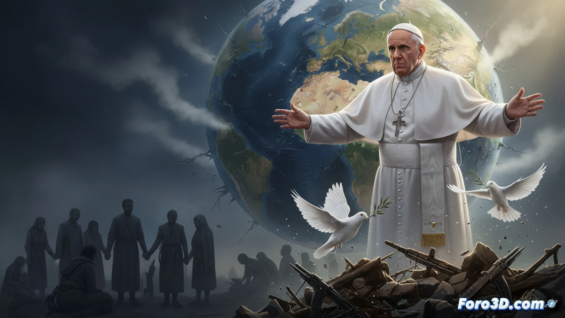 El Papa Francisco, con mirada seria y manos abiertas, frente a un mapa mundial con zonas de conflicto en rojo y símbolos de paz rotos.
