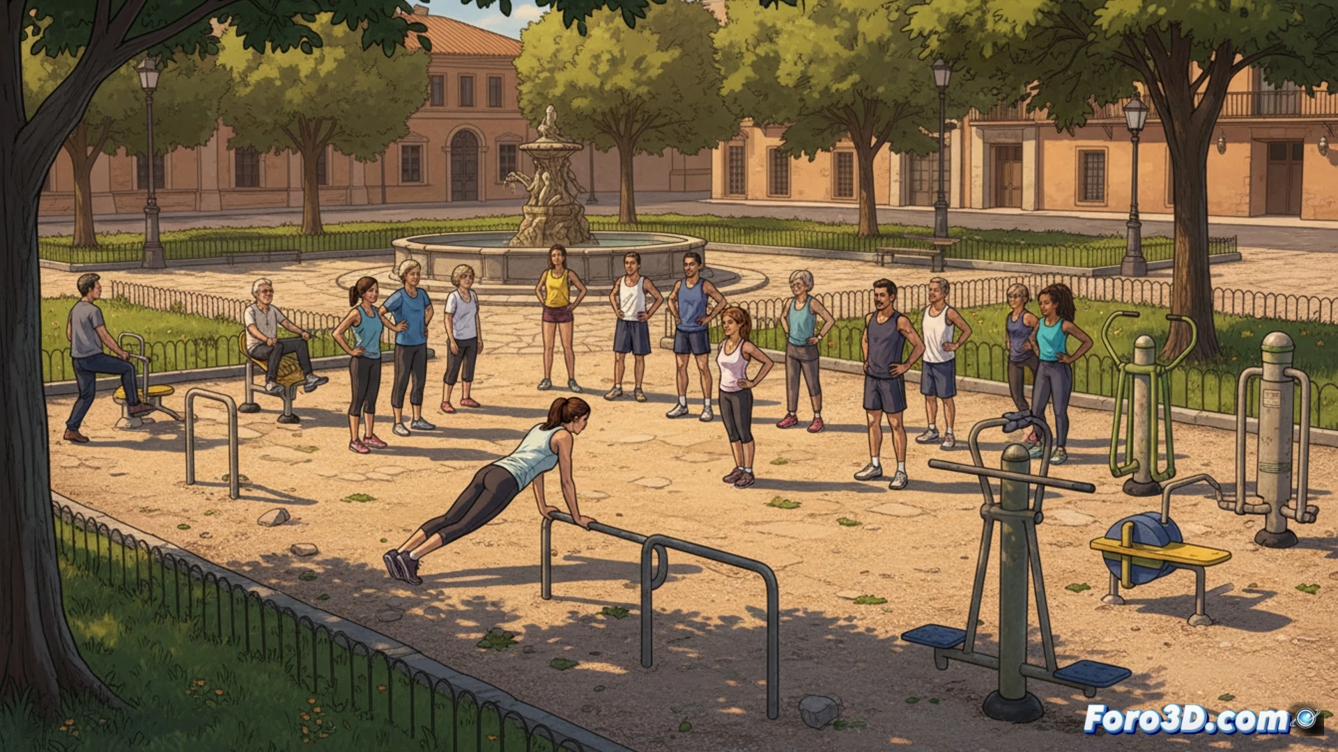 Parque biosaludable Villar y Macías en Salamanca al atardecer, ciudadanos realizando ejercicios de calistenia en barras paralelas y máquinas de bajo impacto, anciano usando un step elíptico mientras una mujer joven hace dominadas asistidas, módulos metálicos con paneles solares integrados y sensores de ritmo cardíaco, árboles rodeando el área, suelo de caucho antideslizante, luz dorada filtrándose entre las hojas, demostrando actividad física guiada al aire libre, estilo cinematográfico fotorrealista con profundidad de campo y detalles técnicos en los equipos.