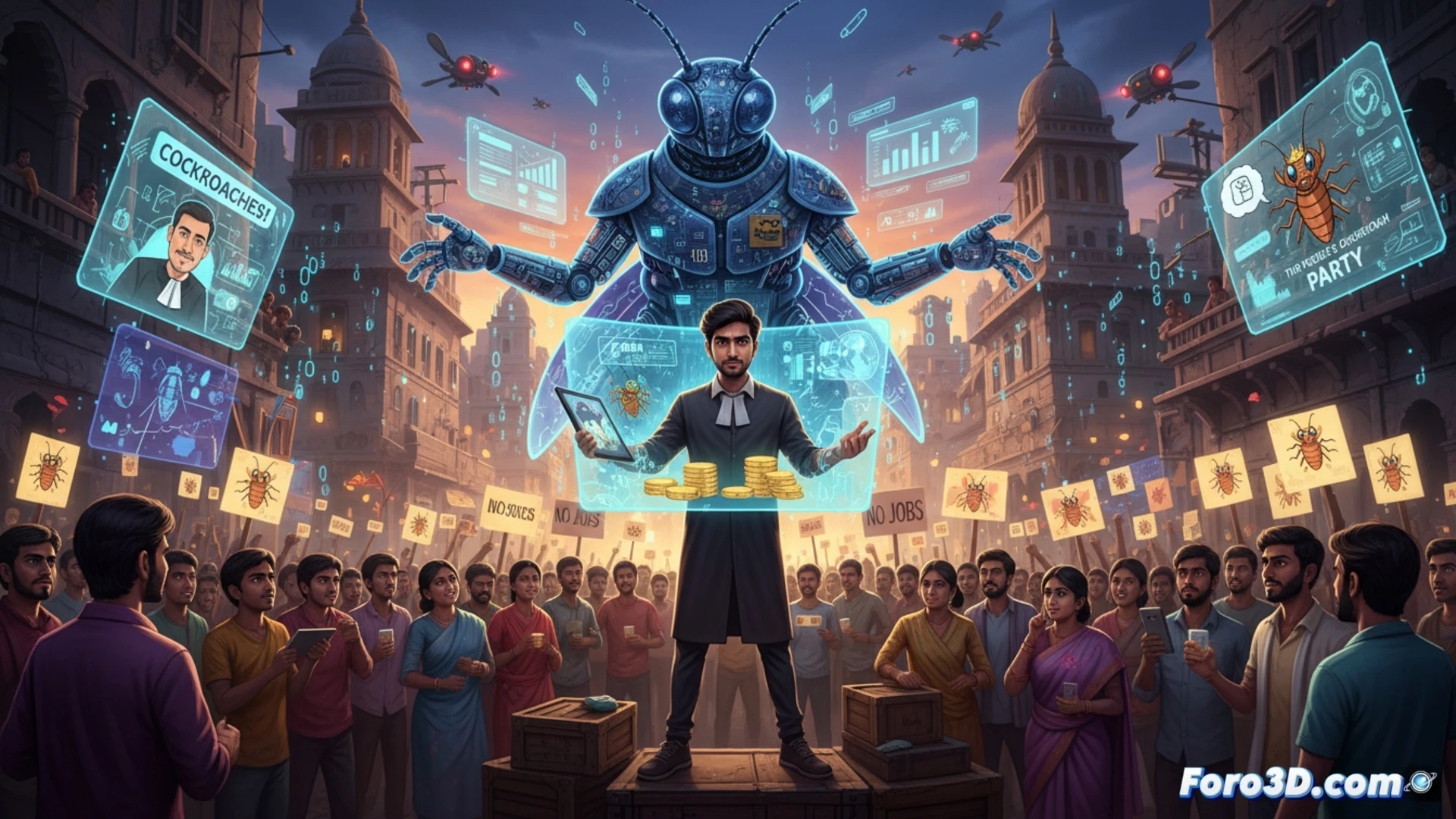 Photorealistic scene of a chaotic Indian street protest at night, hundreds of young people holding smartphones with glowing screens showing a cockroach logo, a central figure in a worn jacket standing on a crate while typing on a laptop with code visible on the screen, holographic protest signs floating above the crowd generated by AI software, digital map of India projected on a nearby wall showing protest hot spots, drones hovering overhead with red indicator lights, shattered glass and graffiti on a government building in background, cinematic lighting with harsh neon blue and orange contrast, smoke machines and LED strips on the ground, ultra-detailed crowd faces showing anger and irony, motion blur from waving arms, technical elements like phone batteries and drone propellers visible, dramatic wide-angle lens perspective, photorealistic technical illustration.