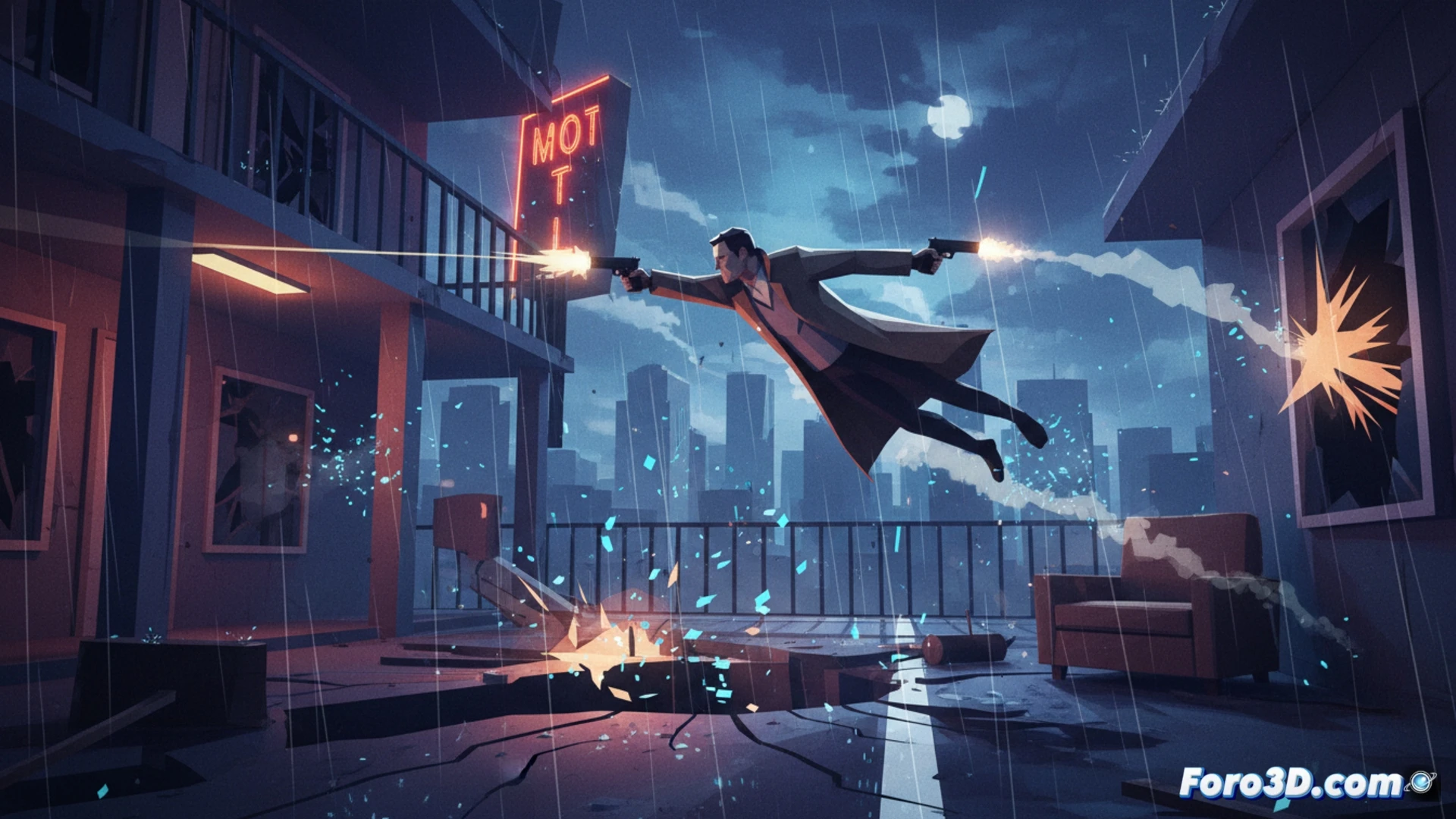 [El Paso Elsewhere videojuego indie neo-noir low poly Unity efectos modernos partículas destrucción]