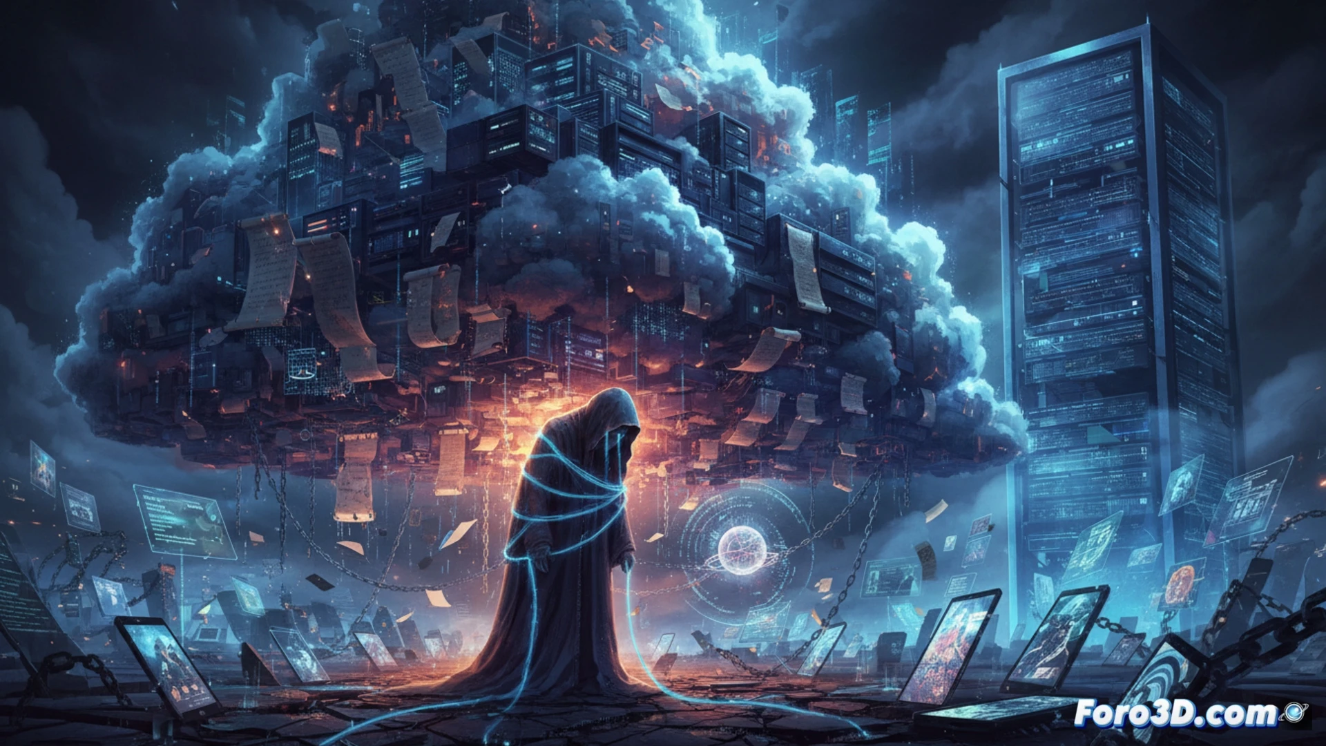 cinematic photorealistic scene of a person sitting at a desk, hands frozen mid-air over a laptop, glowing digital data streams flowing from the screen into a massive cloud server rack behind them, old handwritten letters burning in a small fire on the desk, while the cloud server shows endless backup indicators and red error lights, dramatic dark lighting, blue and amber neon highlights, dust particles floating in light beams, ultra-detailed textures on keyboard and server components, emotional tension visible in body language, technical illustration style