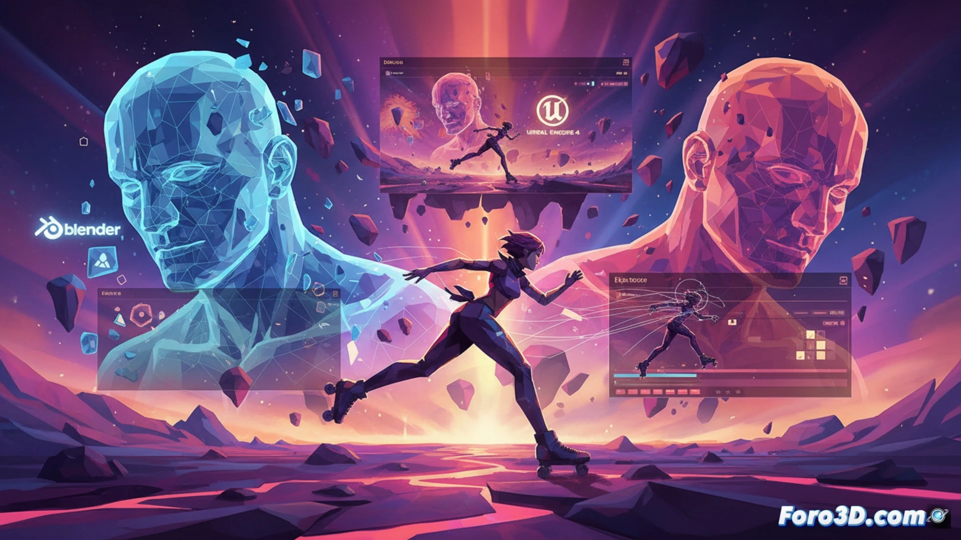 Escena de Solar Ash con coloso low-poly y protagonista patinando, estilo onírico y colorido.