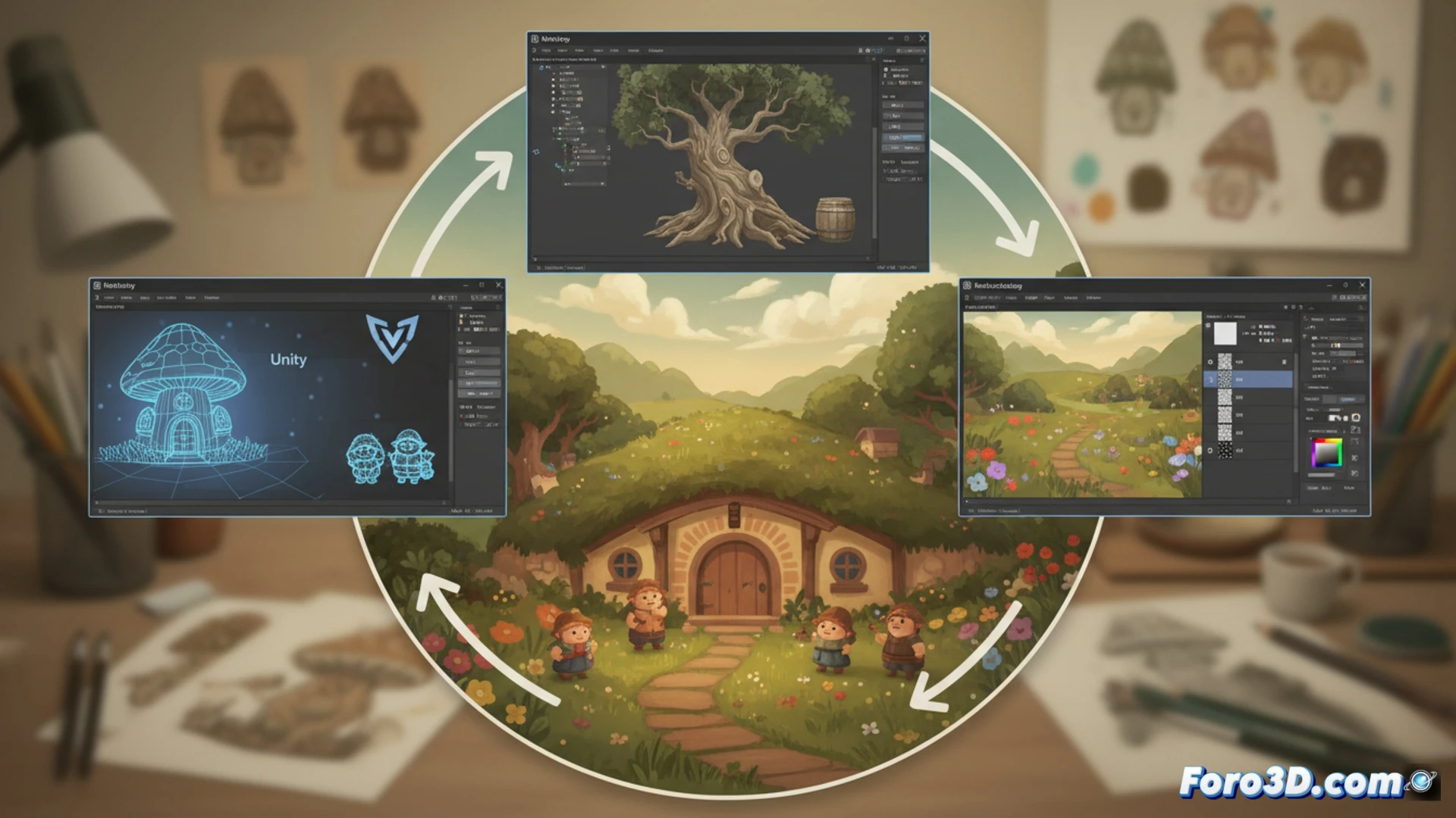Escena colorida de la Comarca en Tales of the Shire con estilo de libro ilustrado y vegetación detallada