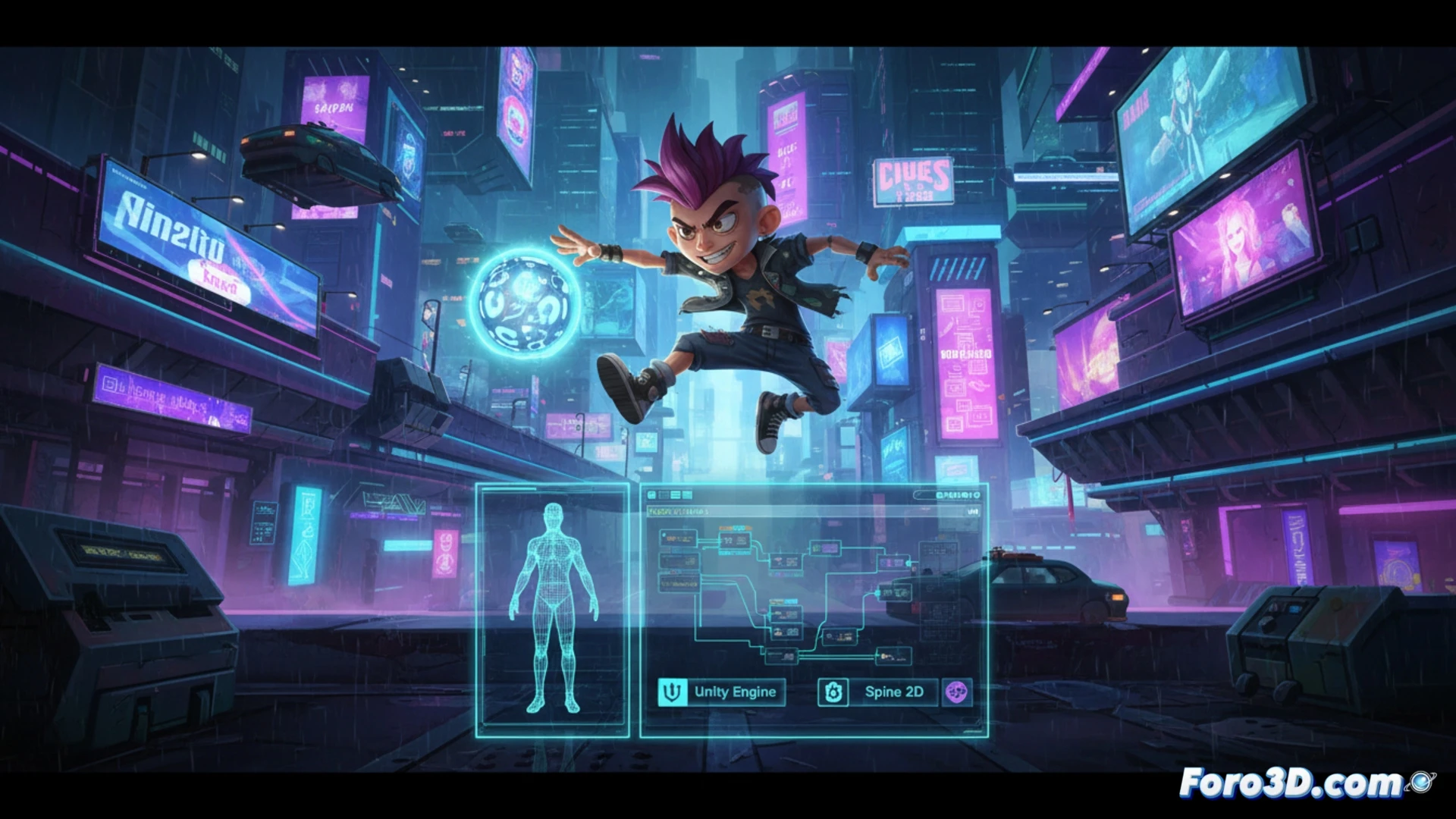 Personajes 2D animados con Spine en escenario 3D cyberpunk de Tribe Nine, estilo neón.