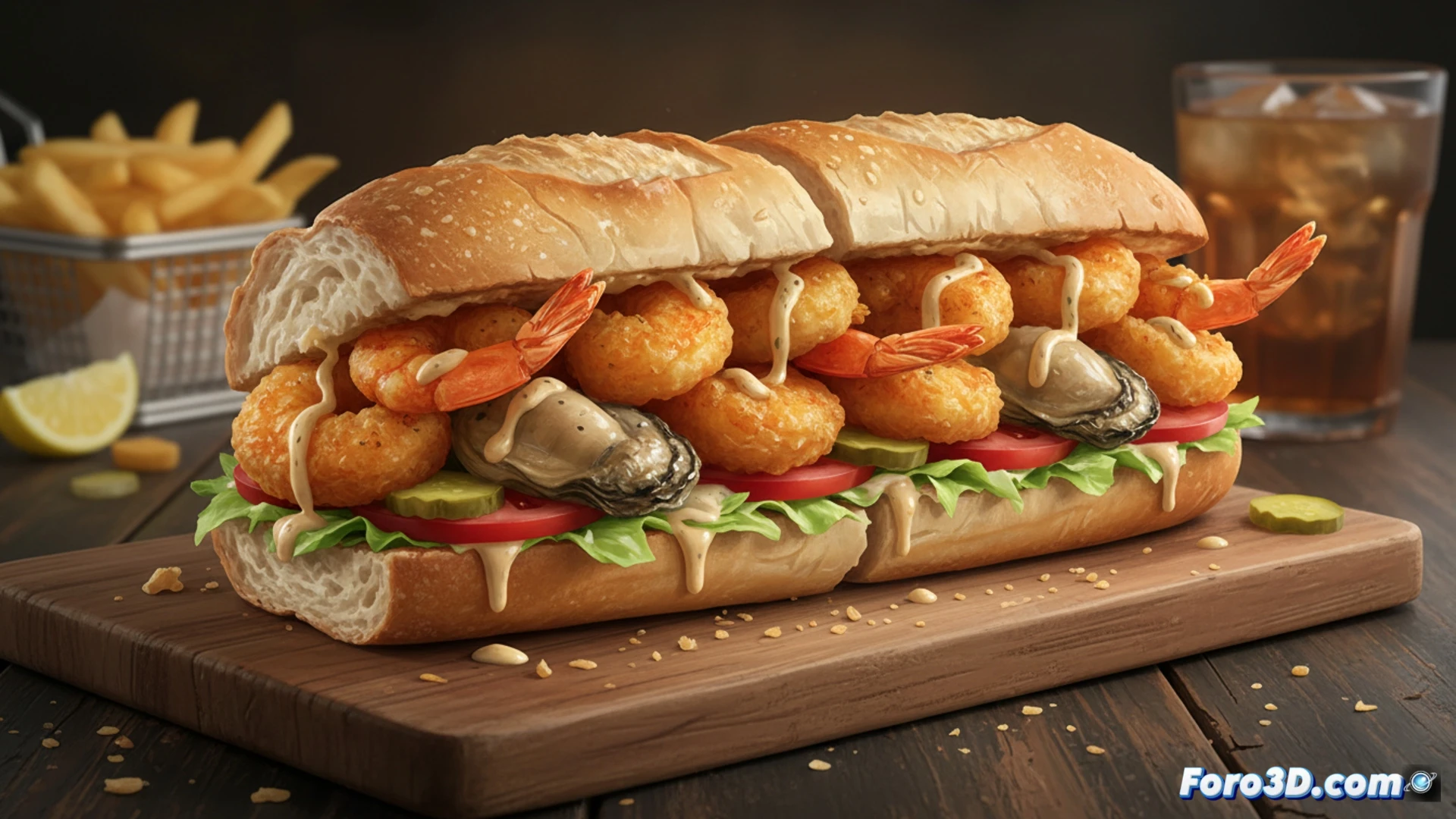 Un Po’ boy de gambas fritas sobre pan ligero, con lechuga, tomate y salsa, listo para conquistar paladares.
