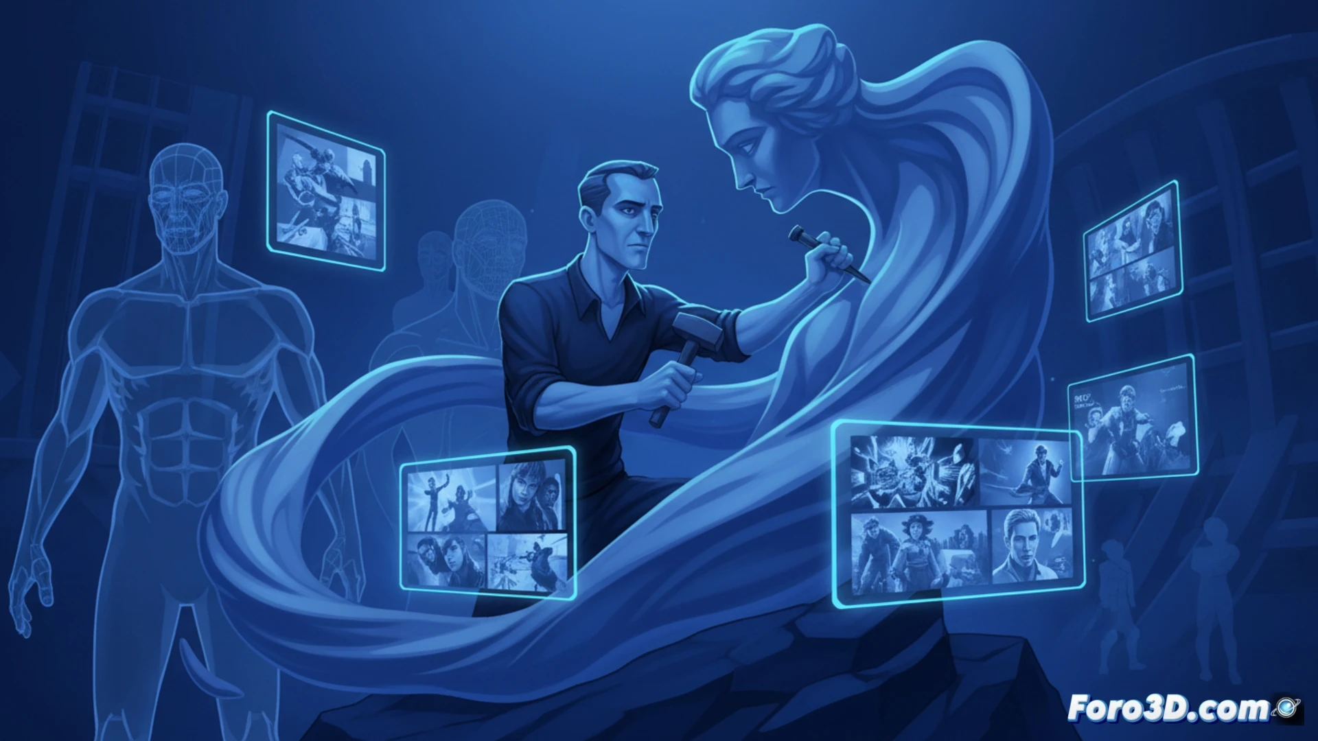 Viñeta de The Sculptor con sombras azules y protagonista en blanco, estilo narrativo único