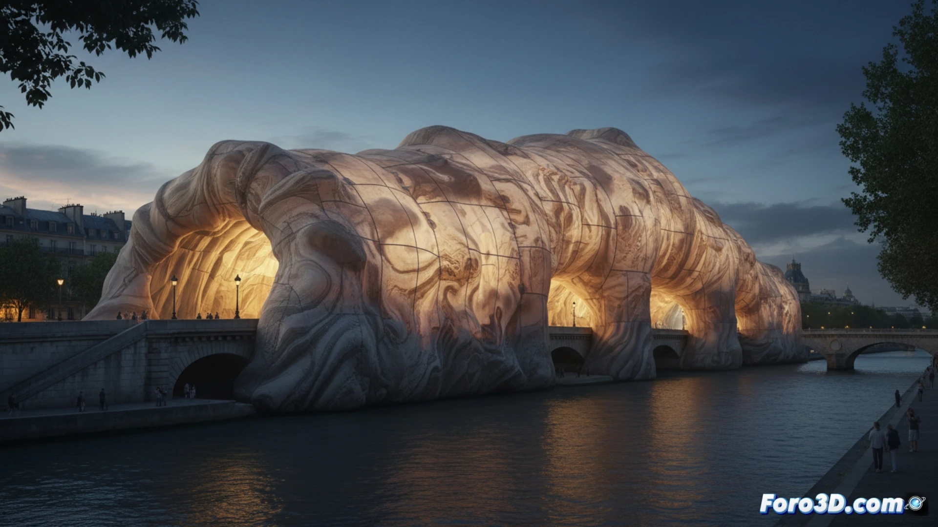 inflatable cave structure transforming Pont Neuf bridge at dawn, giant translucent PVC membrane stretching 120 meters along stone arches, workers in harnesses adjusting tension cables during final inflation, air compressors and pressure gauges visible on scaffolding, morning light filtering through white fabric revealing hidden iron framework underneath, cinematic documentary style, photorealistic urban installation, mist rising from Seine river, crane lifting last fabric panel into place, construction crew coordinating with radios, hyperdetailed texture of weathered stone contrasted with smooth synthetic surface, dramatic low-angle perspective, technical architectural visualization
