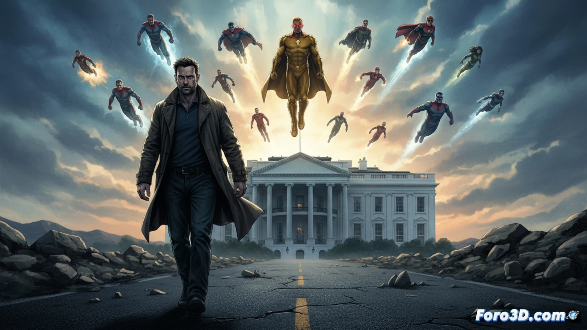 Butcher caminando solo hacia la Casa Blanca bajo un cielo tormentoso, Homelander y otros supers volando en formación sobre él, mostrando la tensión del enfrentamiento final, polvo levantado por el viento durante su avance, estilo cinematográfico fotorrealista, iluminación dramática con nubes oscuras y rayos de sol quebrados, texturas detalladas en el traje de Butcher y la fachada del edificio, acción congelada en un instante de máxima potencia visual