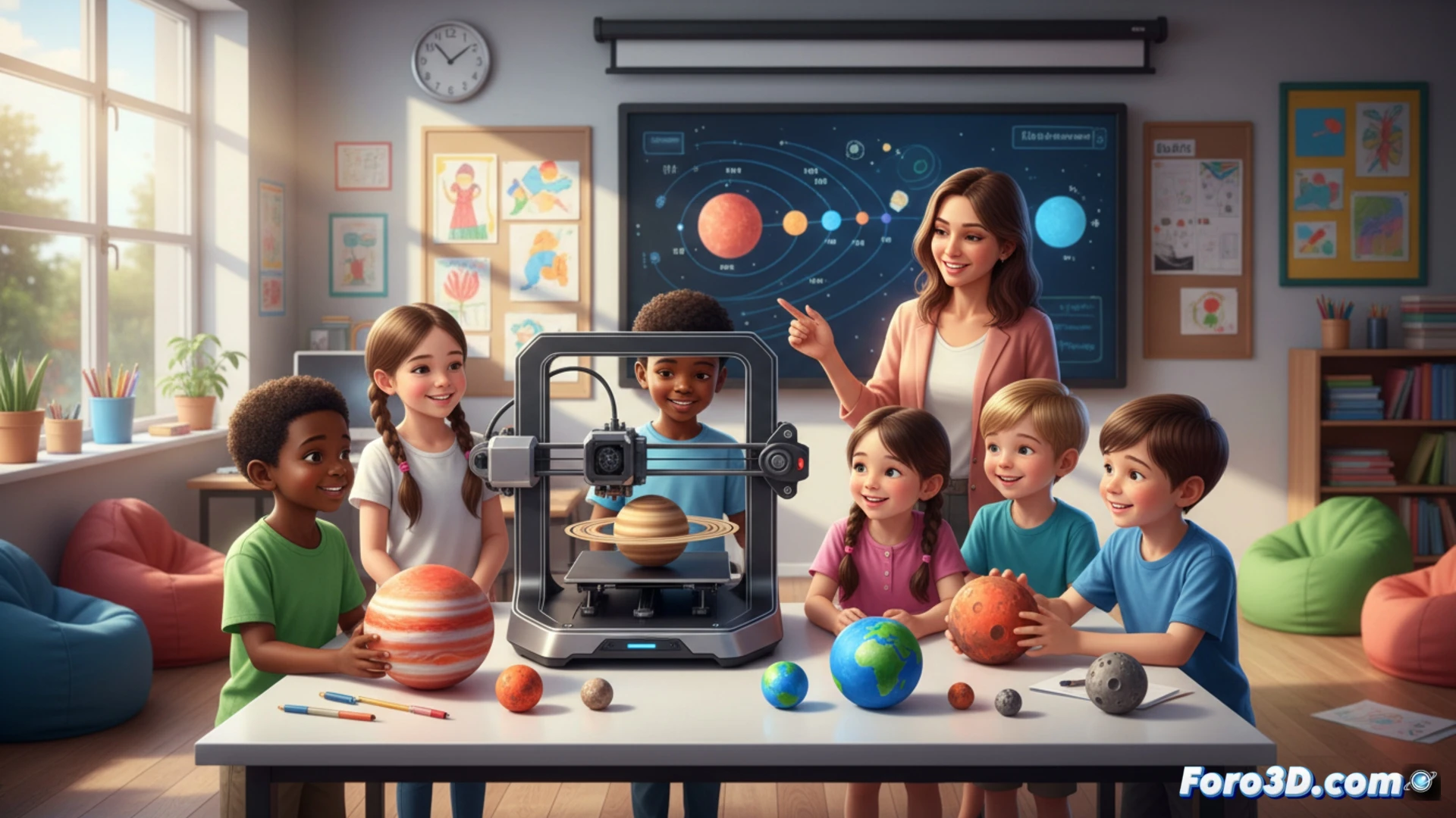 Escena educativa: docente muestra planetas 3D impresos a niños, quienes tocan y comparan tamaños en aula luminosa.