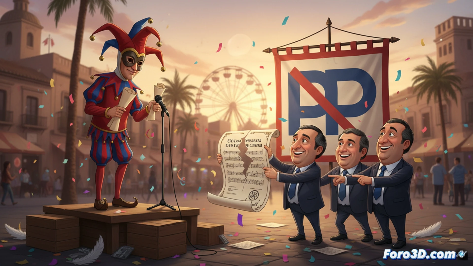 Un cartel de Carnaval de Cádiz con antifaces y micrófonos, y un papel de denuncia roto con el logo del PP de Sevilla.