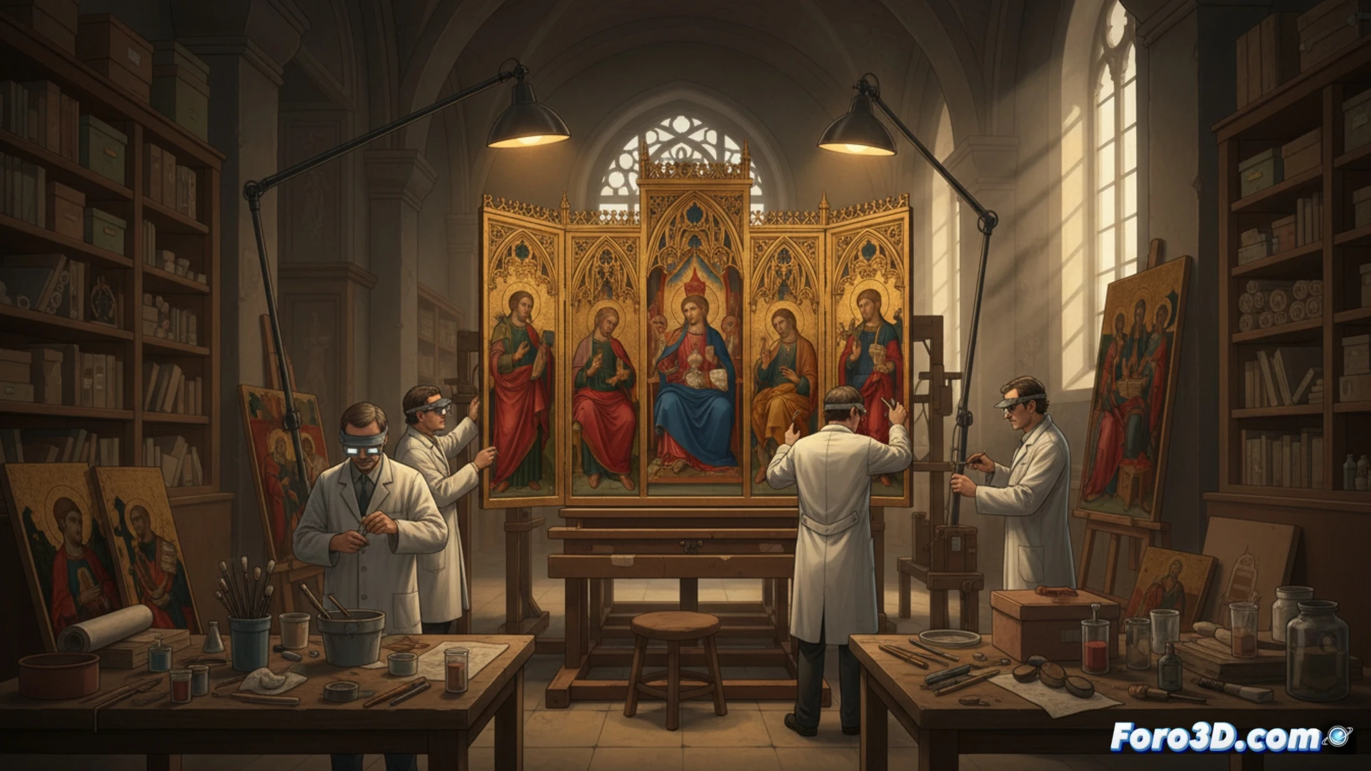 restauradores del Museo del Prado limpiando con bisturíes y brochas diminutas un retablo gótico dorado, fragmentos de pan de oro desprendiéndose bajo luz ultravioleta, una lupa de joyero enfocando los pliegues de un manto azul ultramar, caballetes de madera y lámparas de fibra óptica rodeando el políptico de la Virgen de la Leche, barnices antiguos siendo removidos con hisopos de algodón, mientras el comisario Joan Molina sostiene una radiografía comparativa junto a un monitor de microscopio digital, estilo cinematográfico hiperrealista, texturas de madera policromada y yeso craquelado, iluminación tenue de museo con focos direccionales, profundidad de campo reducida, tonos ocres y dorados saturados, atmósfera de laboratorio de conservación