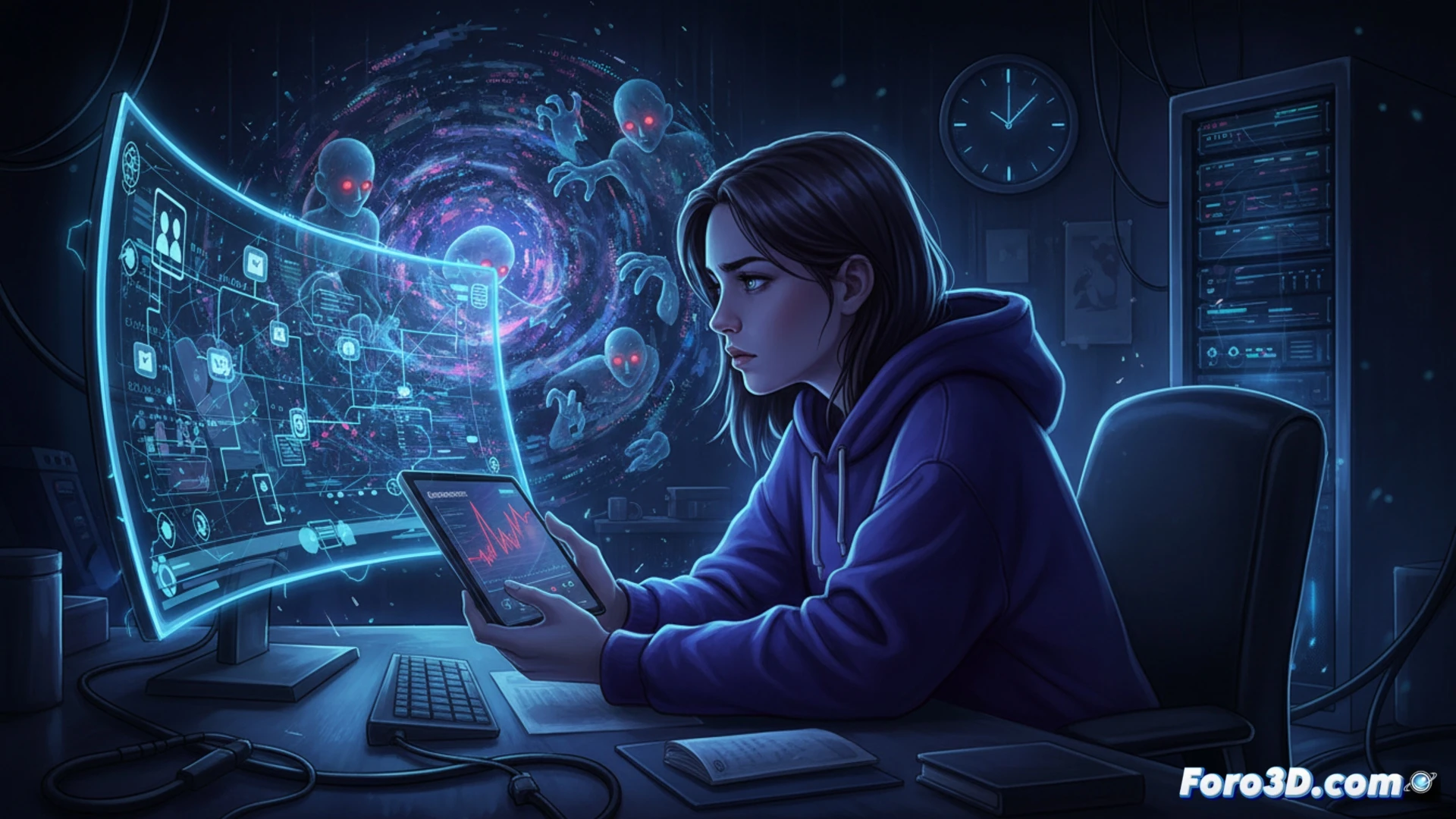 Influencer frente a pantalla con gráficos de estrés y algoritmos, fatiga digital y riesgos psicosociales
