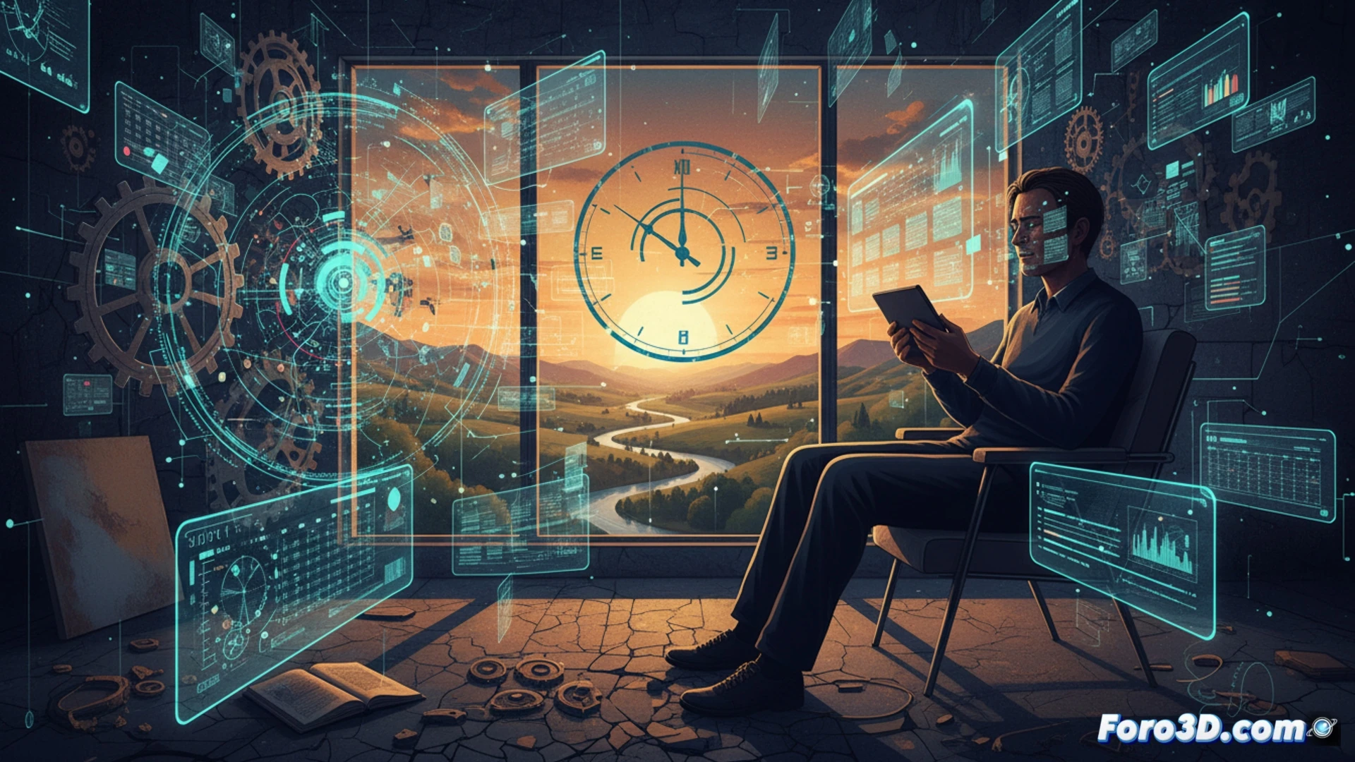hyper-organized desk with digital planner displaying hourly schedule, person reaching for phone notification while staring at empty notebook page, glowing calendar app icons, minimalist clock showing wasted afternoon, productivity app interface floating in mid-air, person sitting still with closed eyes avoiding productivity guilt, cinematic photorealistic style, warm ambient lighting contrasting with cold blue screen glow, dust particles floating in sunbeam through window, ultra-detailed textures on wooden desk and paper, melancholic atmosphere emphasizing stillness versus digital urgency