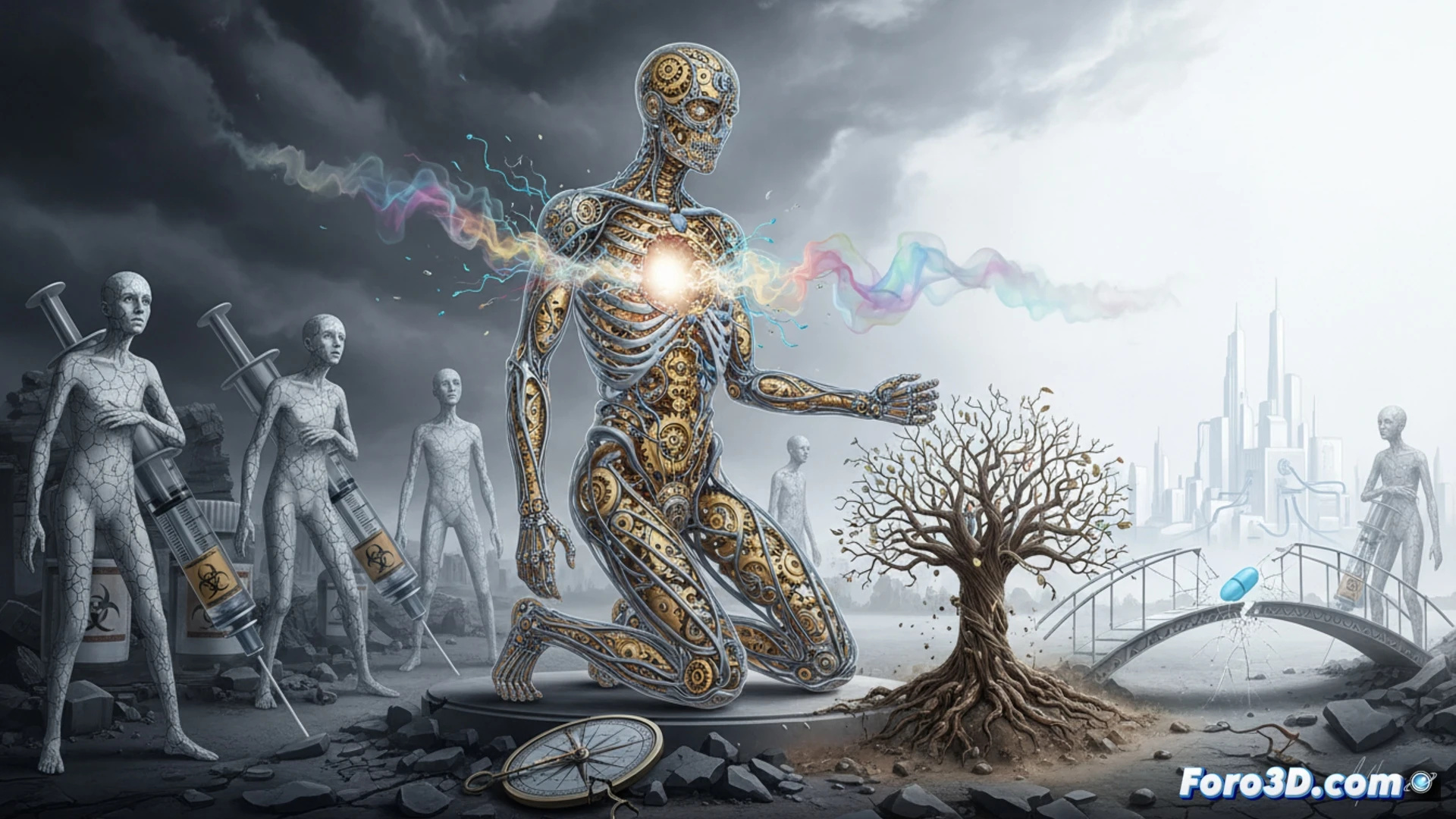 human silhouette lying on operating table, surgical team surrounding with monitors displaying flat brain wave lines, patient s translucent chest revealing glowing nerve pathways being severed by laser, robotic arm holding syringe with glowing blue anesthetic fluid, medical hologram showing gradual numbness spreading through body like frost, sterile white room with metallic reflections, cold clinical lighting, photorealistic medical illustration, hyper-detailed anatomy textures, cinematic depth of field, faint smoke rising from surgical site, dramatic shadows emphasizing loss of feeling