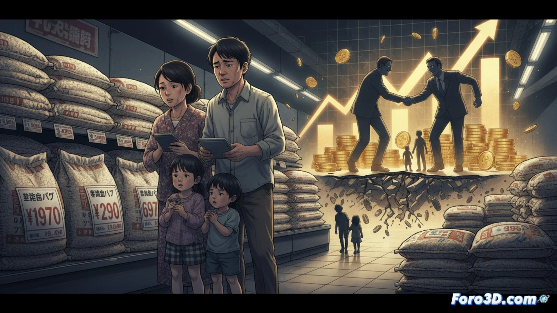 Japanese family kitchen scene, mother holding a small bag of rice while checking a digital price tag on a tablet, father reviewing a household budget spreadsheet on a laptop, children eating smaller portions at a dinner table, visible tension in expressions, grocery receipt with rising prices next to a calculator, modern minimalist apartment interior, soft natural light from window, photorealistic cinematic style, shallow depth of field, warm but subdued color palette, subtle dust particles in air, realistic textures on rice grains and packaging