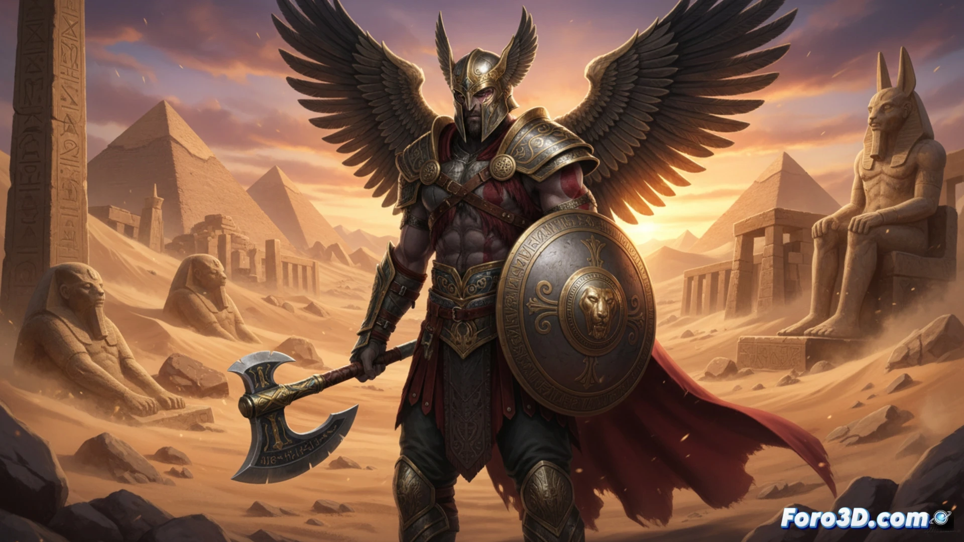 ancient Greek warrior with full bronze helmet and feathered wings in mid-flight over a rocky battlefield, discarded shield and spear falling below, cinematic concept art, dramatic storm clouds, golden sunlight breaking through, Kratos-like muscular figure in ornate armor, wings spread wide, motion blur on debris, glowing wing feathers, photorealistic epic fantasy render, dynamic action pose, technical illustration of early game design elements