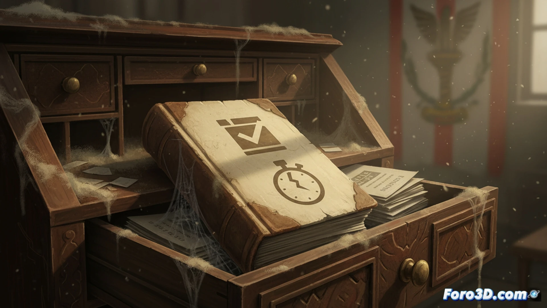 closed filing cabinet drawer with a single crumpled document half-sticking out, a dusty binder labelled programa electoral lying forgotten on the floor, a lone campaign button and a wilted rose resting on top of the cabinet, cinematic photorealistic style, dramatic side lighting from a desk lamp casting long shadows, metallic cabinet reflections, textured paper and fabric details, moody political atmosphere, hyper-detailed still life composition