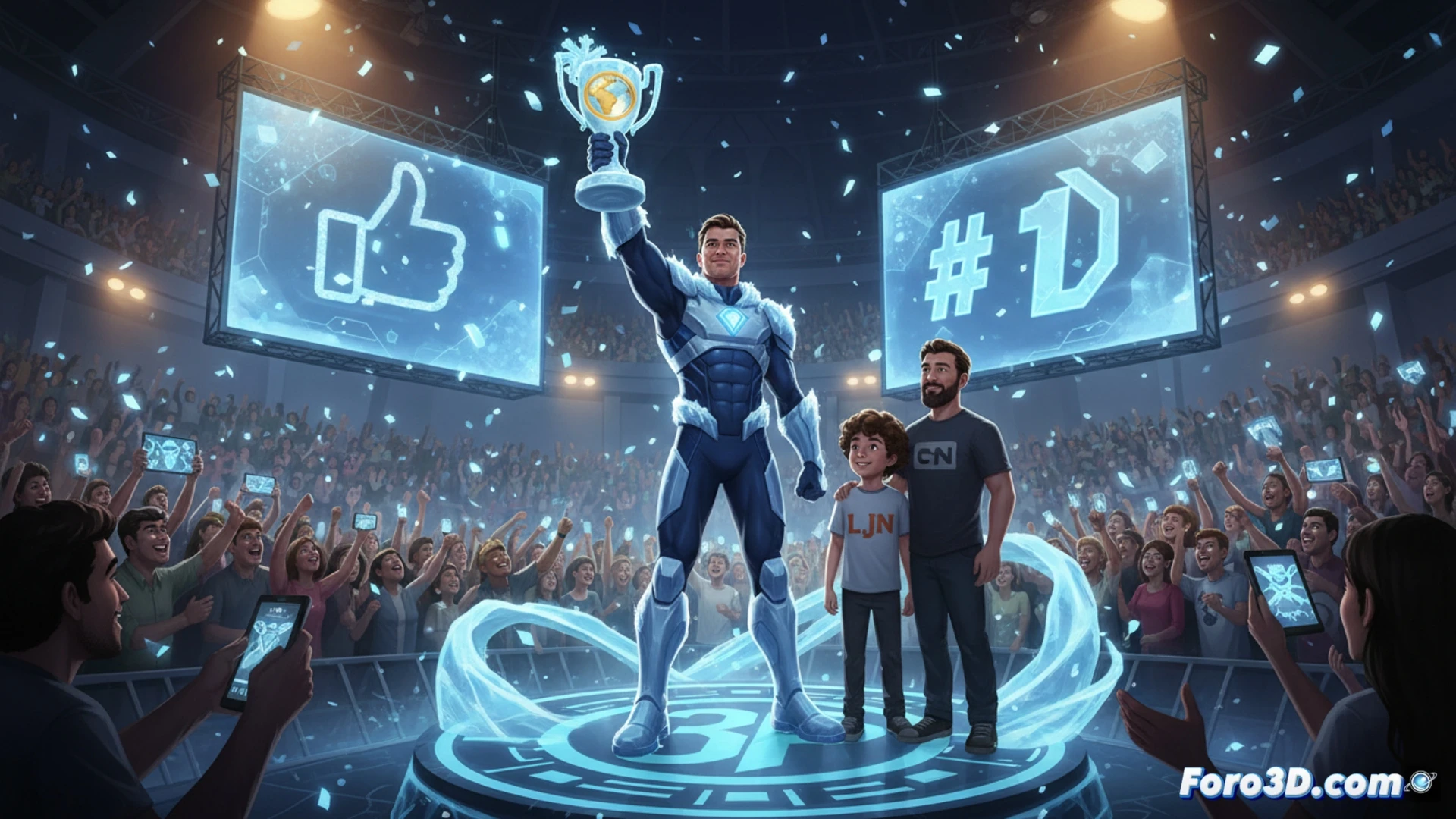 Un joven creador con su padre reciben un premio del público, con Captain Cold como fondo vibrante.