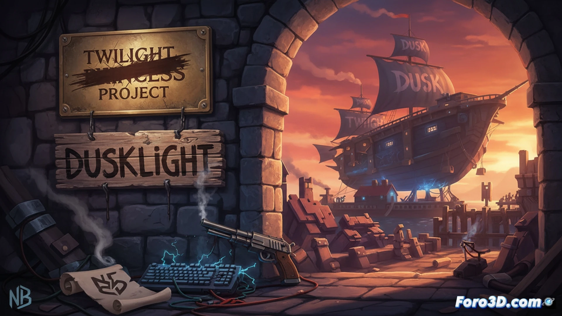 Descripción: Un cartel de madera con el nombre Dusklight sobre fondo oscuro, una espada brillante y un FPS al lado.